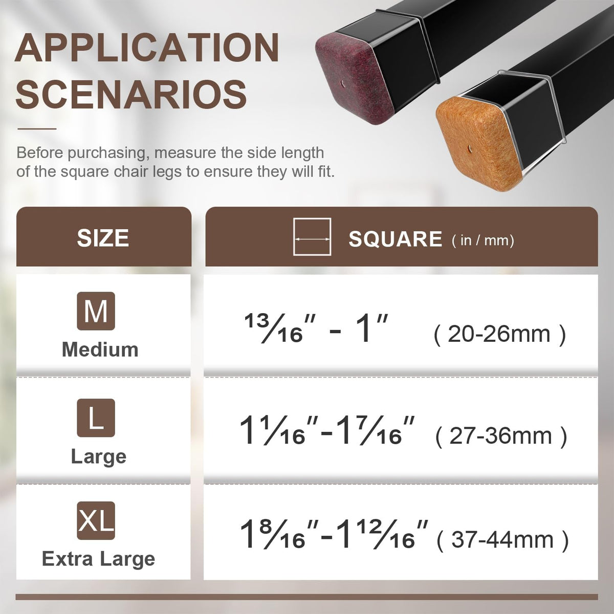 40 Pcs Chair Leg Floor Protectors for Hardwood Floors, Black Rubber Furniture Sliders with Felt, Silicone Furniture Leg Caps Covers (Fit Square Diameter:1.06" to 1.44")