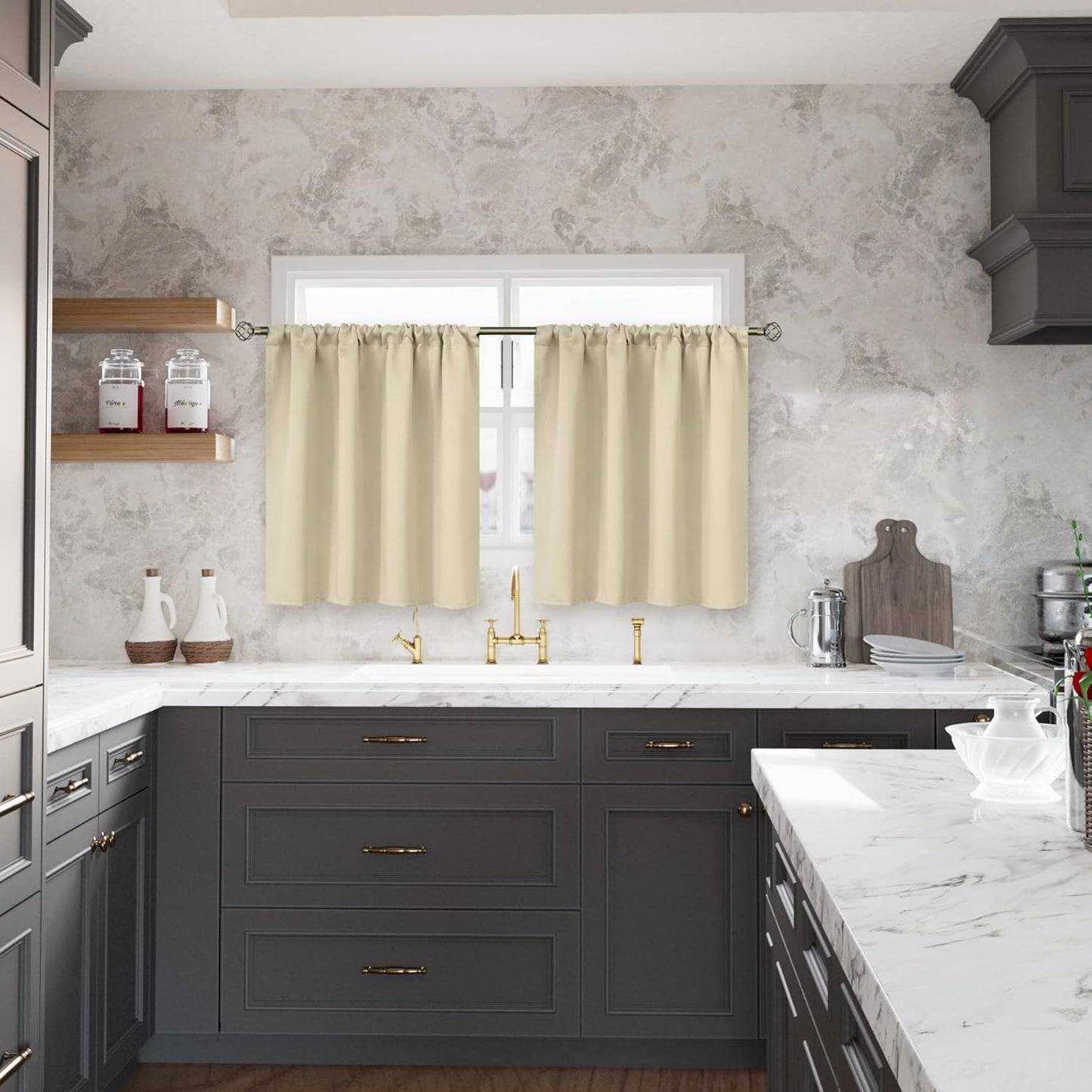 BGment Beige Blackout Curtains for Bedroom Kitchen 45 Inches Long - Short Thermal Insulated Drapes with Rod Pocket Privacy for Bathroom Small Window, 34 x 45 Inch, 2 Panels
