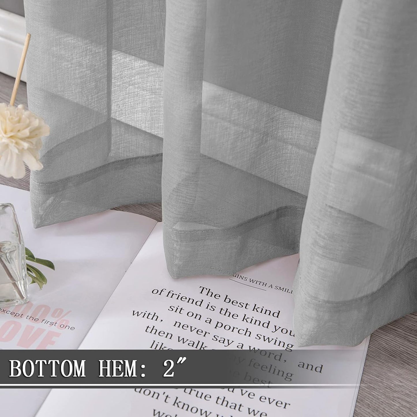 Tollpiz Sheer Tier Curtain Linen Textured Half Kitchen Curtains Sheer Light Filtering Rod Pocket Voile Small Curtains for Bathroom, 25 x 36 inches Long, Silver Grey, Set of 2 Panels