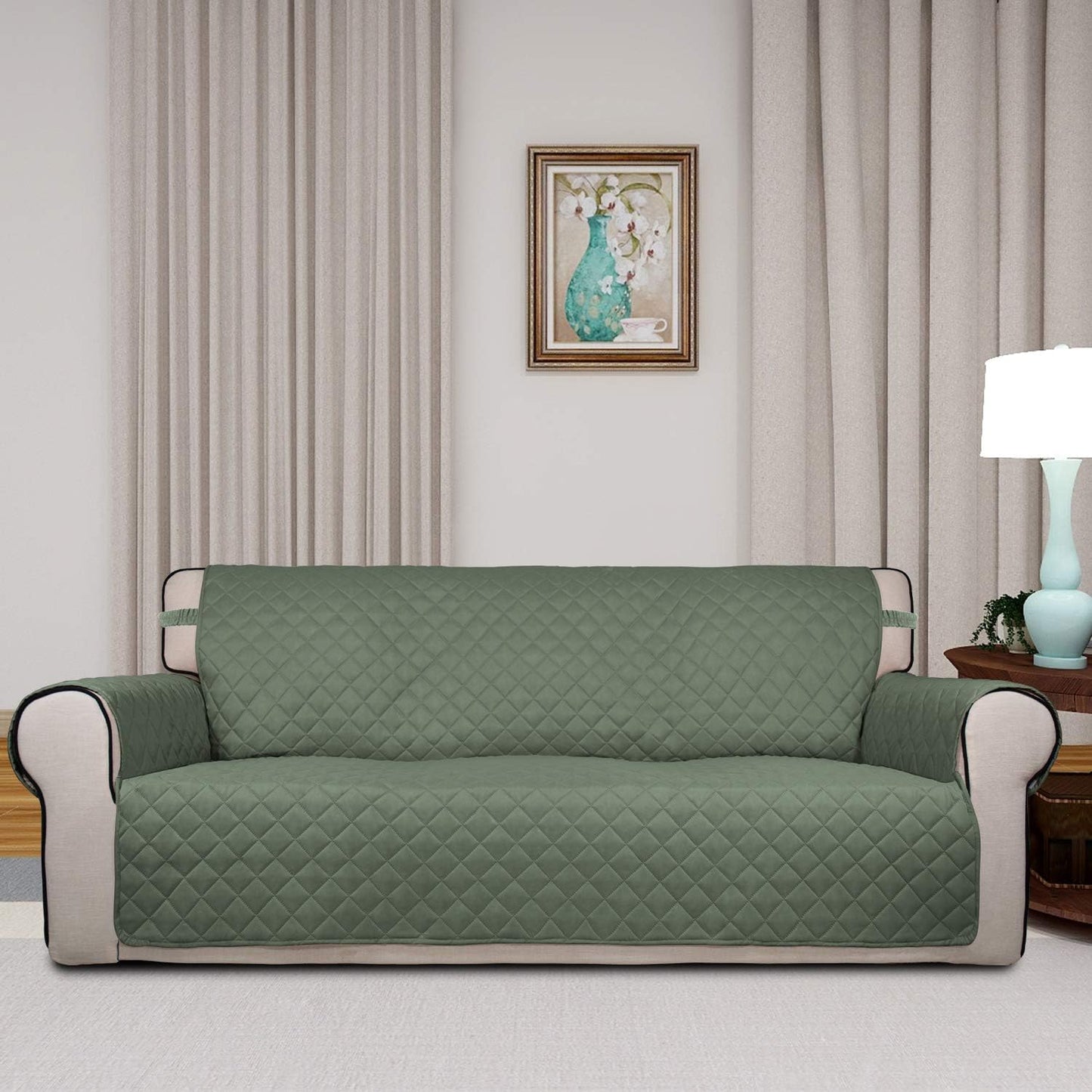 PureFit Reversible Quilted Sofa Cover, Water Resistant Slipcover Furniture Protector, Washable Couch Cover with Non Slip and Elastic Straps for Kids, Dogs, Pets (Sofa, Greyish Green/Beige)