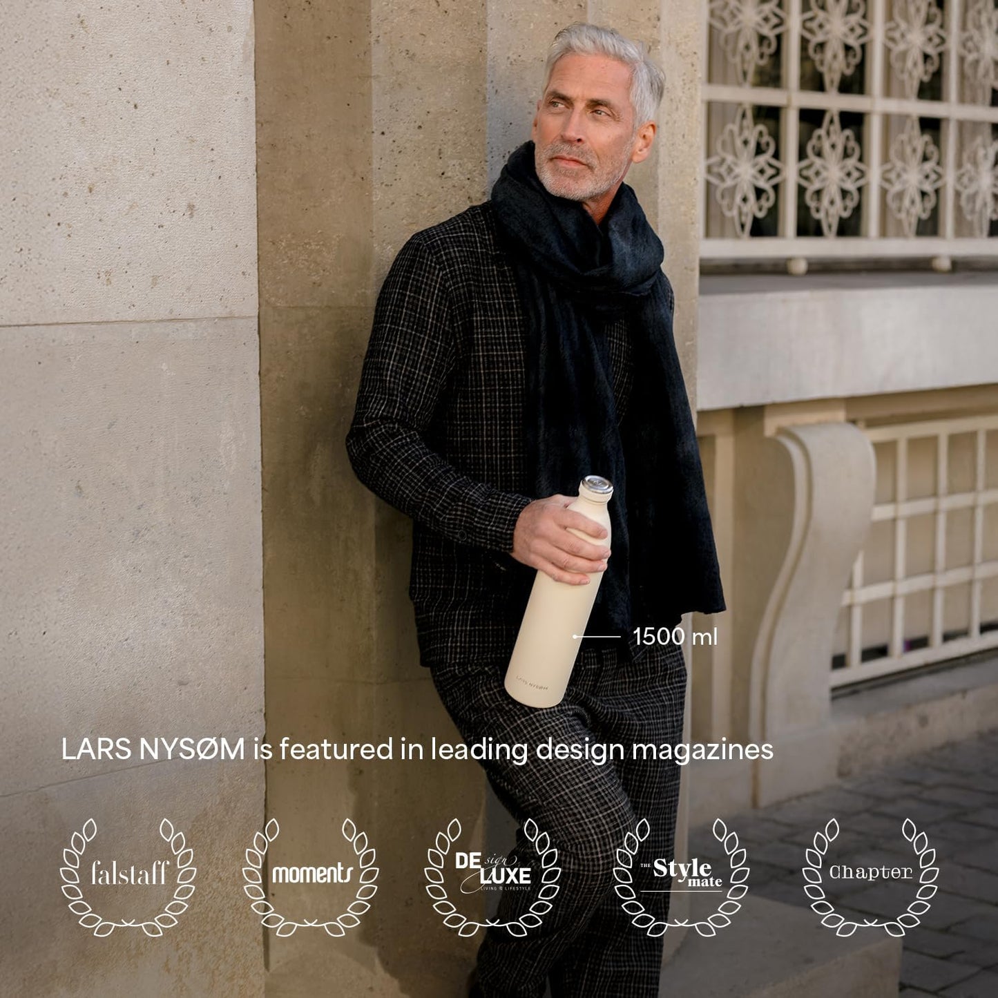 LARS NYSØM Stainless Steel Insulated Water Bottle 12oz 17oz 25oz 34oz 51oz | Insulated Thermo Flask for Hot and Cold Beverages | Leakproof Drinking Bottle (Carbon Black, 33.9oz)