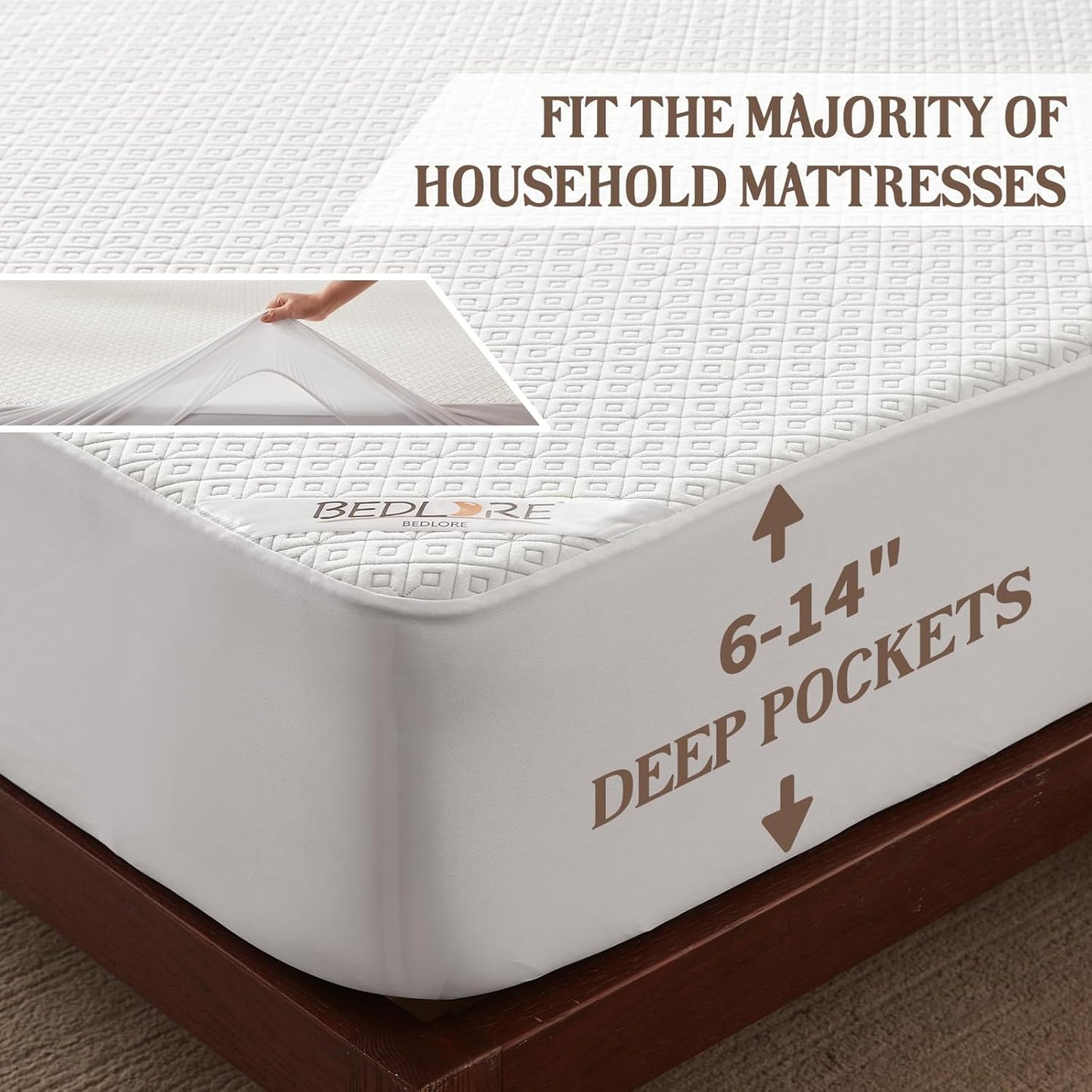 BEDLORE Twin Mattress Protector, Waterproof Noiseless Mattress Cover with Stretchable Pockets for 6-15 inches Mattress, Soft Breathable Mattress Pad Machine Washable (White)