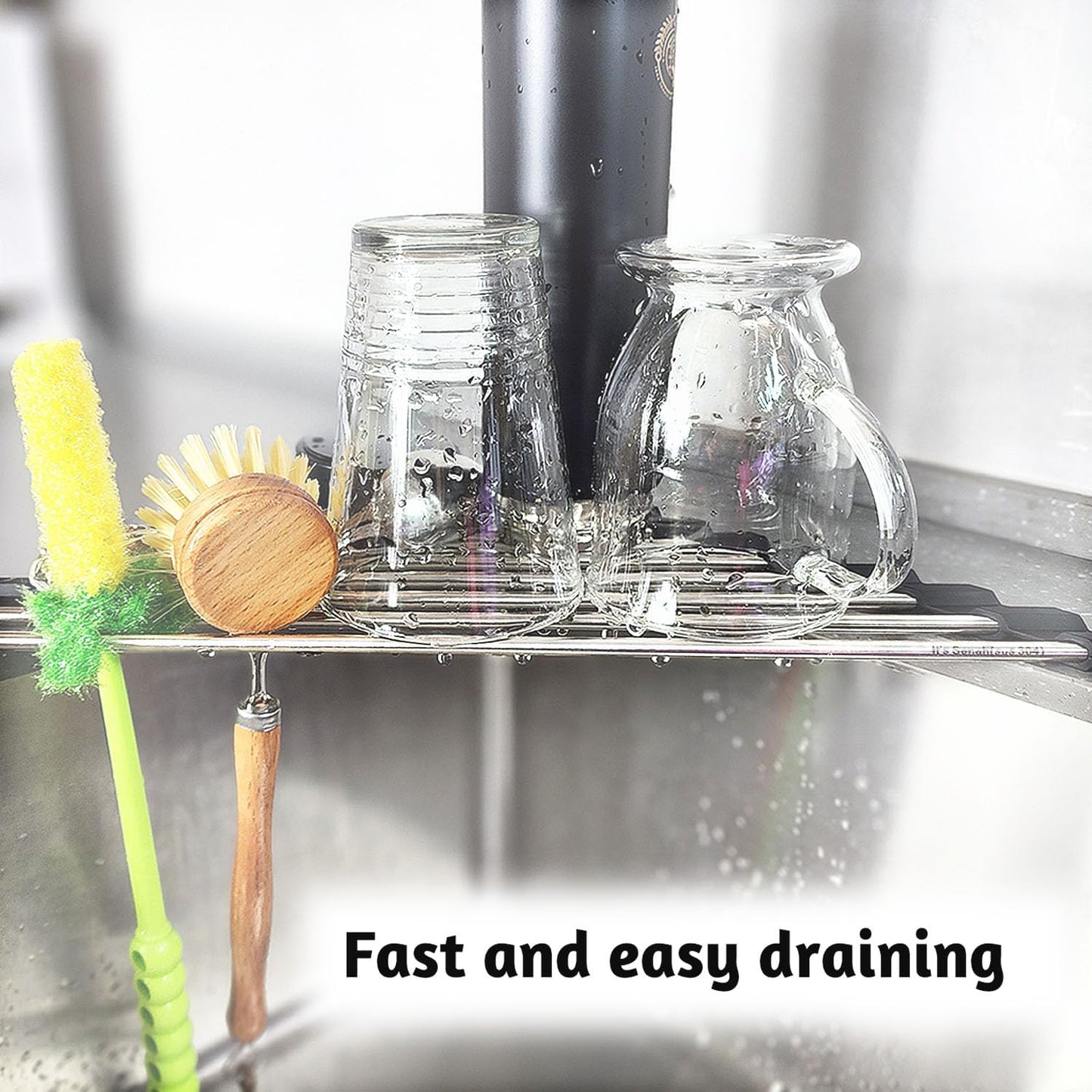 Roll Up Sponge Holder for Counter, Sink Organizer for Kitchen, Bathroom, Laundry Room, 304-Stainless Steel Sink Organizer for Sponge, Brush, Scrubber, Soap Dispenser Holder, Dish Drying Rack(Black)