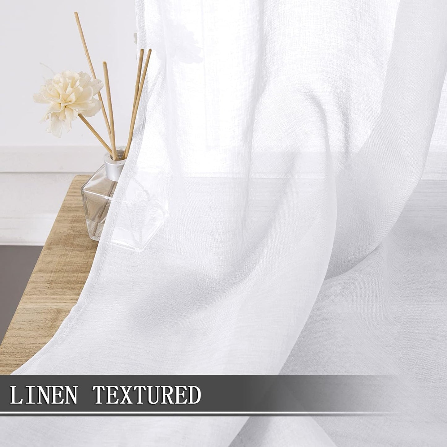Tollpiz Sheer Curtains Linen Textured Living Room Curtain Sheers Light Filtering Rod Pocket Voile Curtains for Bedroom, 42 x 63 inches Long, White, Set of 2 Panels