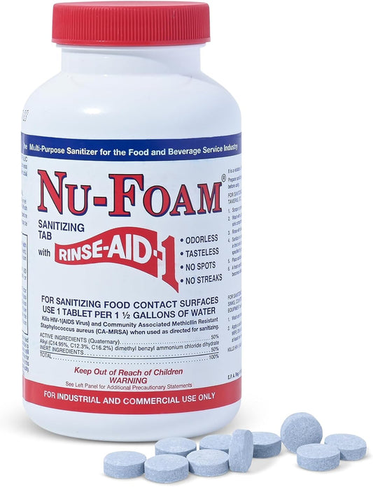 Nu-Foam Sanitizing Tablets for Bar Glassware – Superior Rinse Aid - Hand Washing Bar, Tavern, Brewery Supplies - Spotless Serving Glasses - Professional-Grade Glass Sanitation - 100 Tablets/600 Quarts