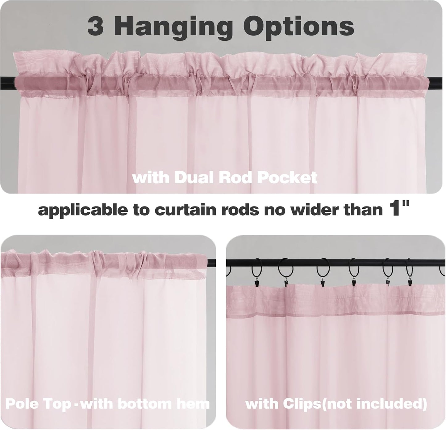 Chyhomenyc Sheer Curtains 24 Inch Length, Small Window Curtains for Bathroom Living Room Basement, Voile Short Rod Pocket Curtain Tiers, 42in Wx 24in L, 2 PCS, Blush Pink