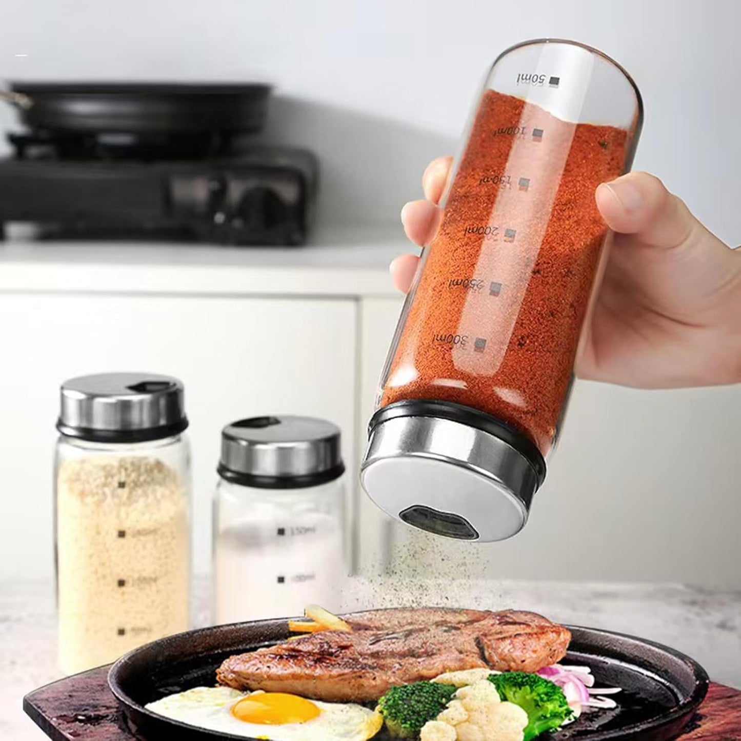 2 Piece 4-Neck Seasoning Shakers Moisture Resistant Seasoning Shakers Glass Seasoning Shakers, Salt and Pepper Shakers with Adjustable Pour Holes - For Seasoning, Picnics (2 large spice jars10oz)