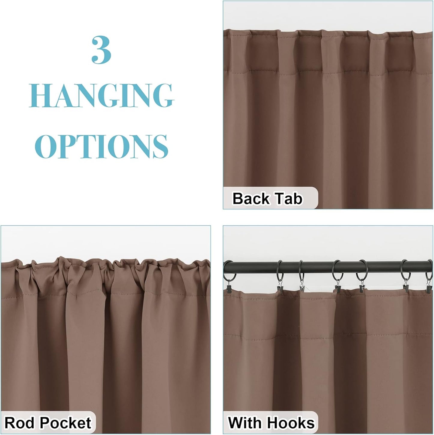 RYB HOME Blackout Curtains for Kitchen, Thermal Insulated Window Curtains and Drapes Back Tabs Room Darkening Shades for Studio Dorm Loft, Mocha, W42 x L63 inch, Set of 2 Panels