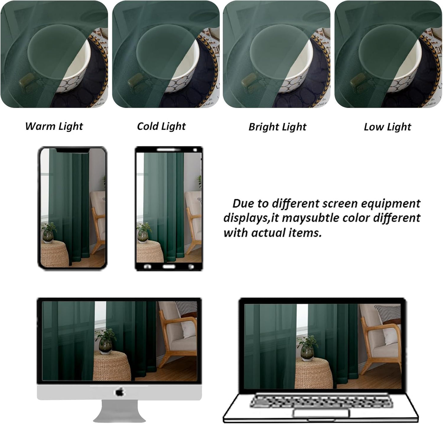 Chyhomenyc Hunter Green Sheer Curtains 54 Inch Long 2 Panels Set, Short Voile Rod Pocket Drapes for Dinning Small Windows Bathroom Living Room Bedroom, Each 42Wx54L in, 2PCS