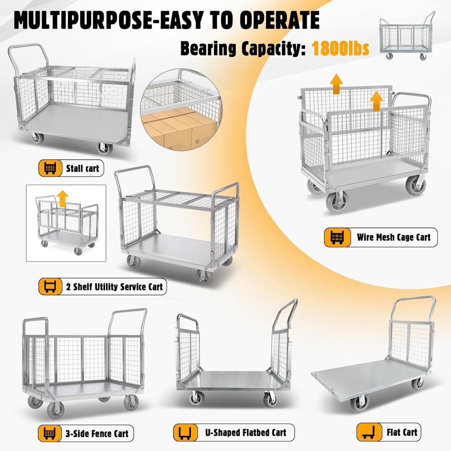 Platform Truck Cart with Cage, 6 in1 Foldable Flatbed Cart Heavy Duty Push Cart Dolly W/Swivel Wheels 1800lbs Capacity Multipurpose Hand Cart for Grocery/Laundry/Stall/Storage