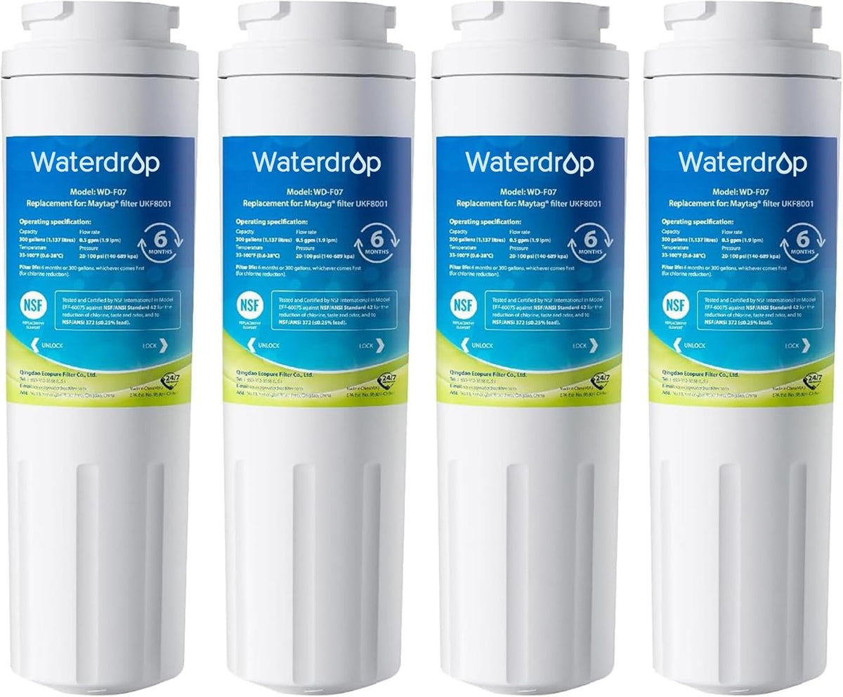 Waterdrop EDR4RXD1 Replacement for EveryDrop® Filter 4, Whirlpool® UKF8001, 4396395, Maytag® UKF8001AXX-200, UKF8001AXX-750, WD-F07, Refrigerator Water Filter, 4 Filters