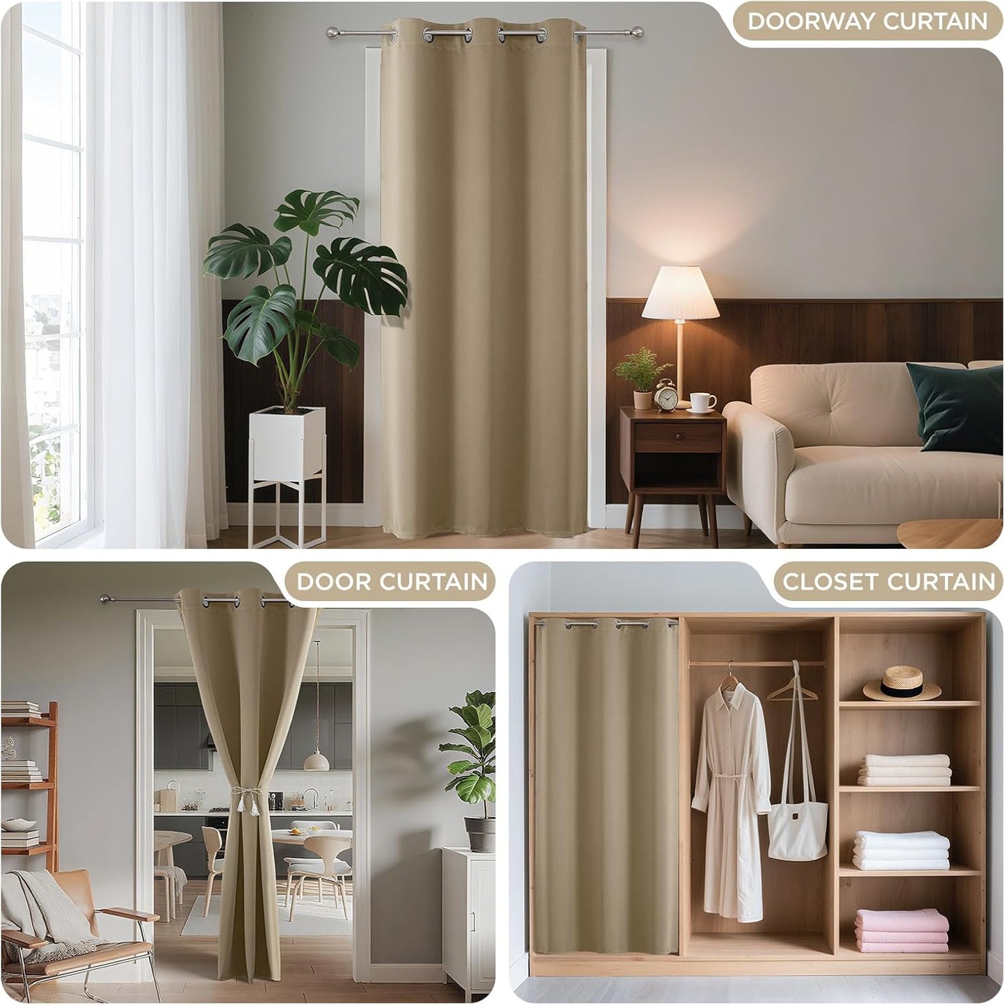 Joydeco Blackout Door Curtain for Doorway Privacy 78 Inches Long, Grommet Closet Curtain for Open Closet, Room Divider for Bedroom Living Room (Light Beige, 52Wx78L, 1 Panel)
