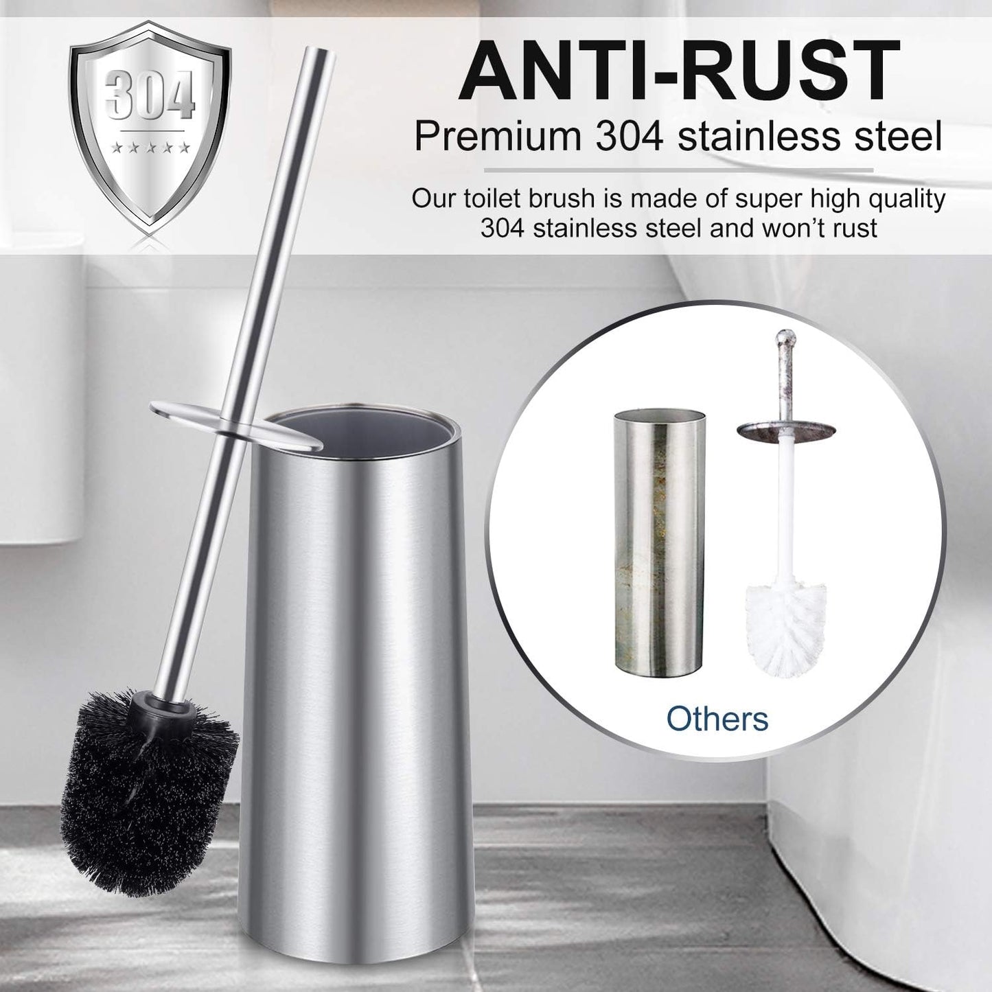 Toilet Brush and Holder, 2 Pack Toilet Brush with 304 Stainless Steel Long Handle, Toilet Bowl Brush for Bathroom Toilet-Ergonomic, Elegant,Durable (Silver)