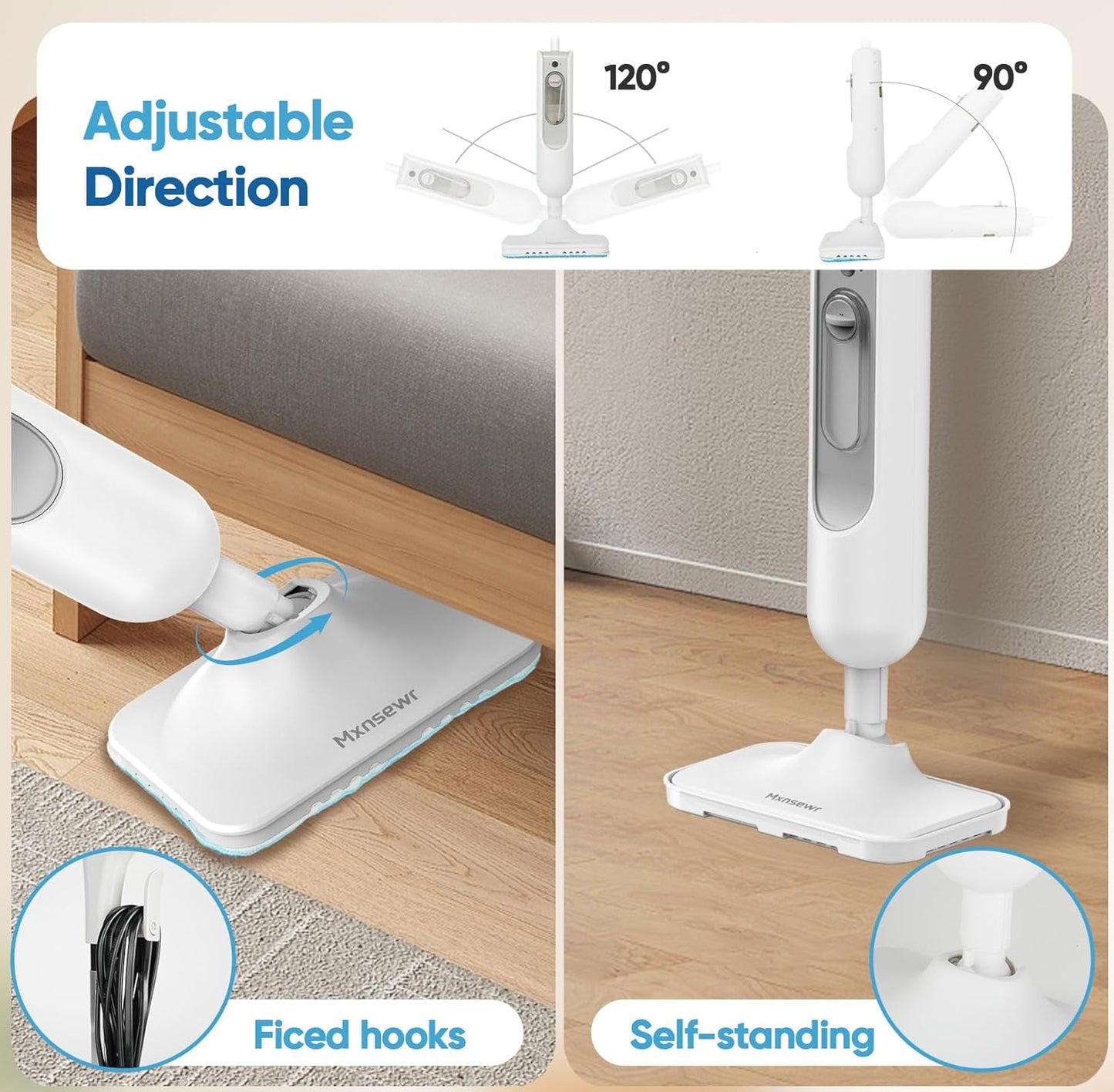Steam Mop All-in-one Multi-Functional Powerful Steam Cleaner, Handheld Detachable Floor Steamer with 2 Steam Level, 380ML Water Tank & 23FT Power Cord for Floor Cleaning, Bathroom,Clothes, Furniture