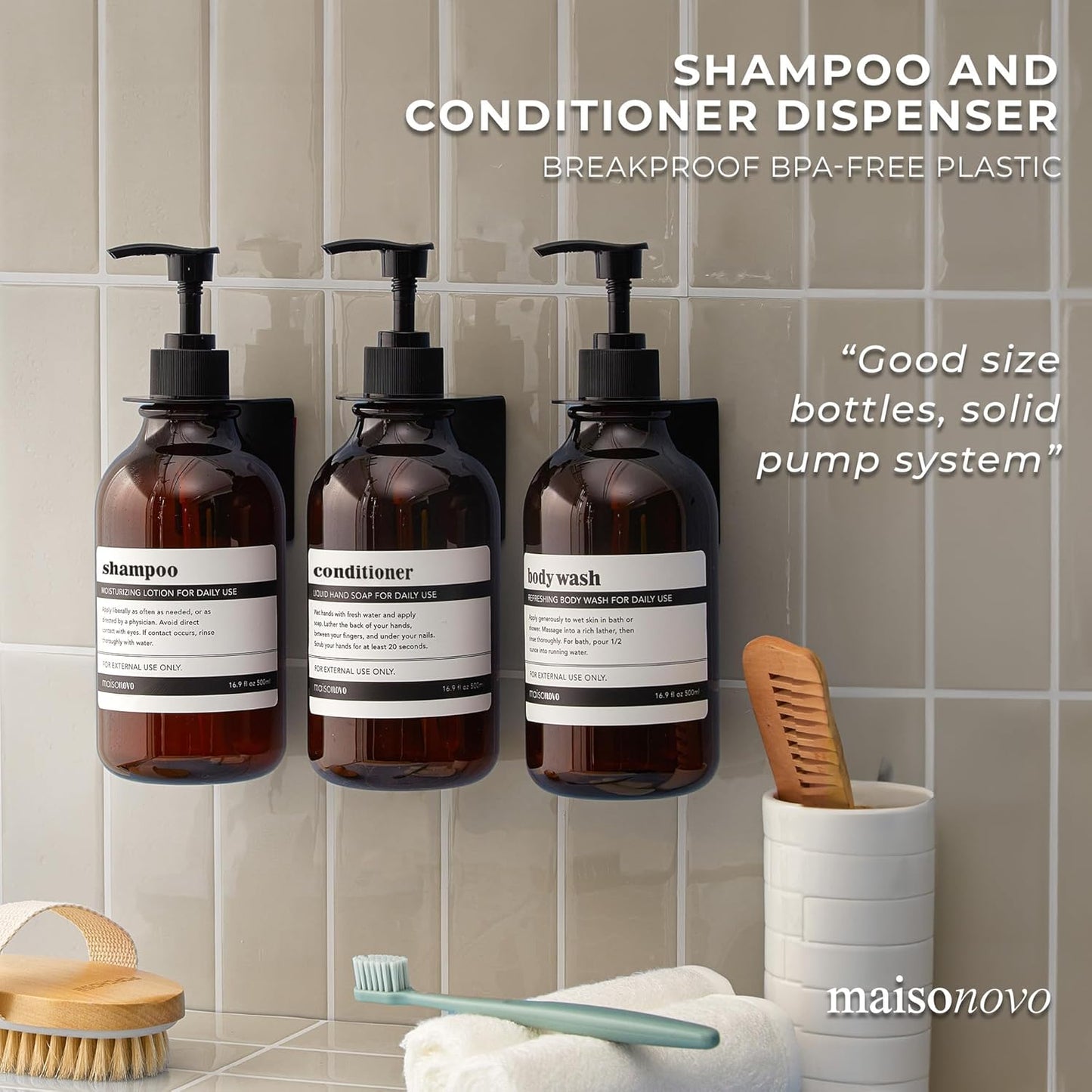 MaisoNovo Shampoo and Conditioner Dispenser - Shower Soap Dispenser Wall Mounted - 16.9 fl oz Set of 3 Amber Plastic Bottles Black Pump - 3 Chamber No Drill