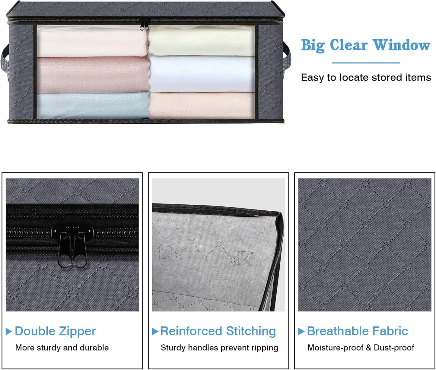 HomeHacks Storage 4-Pack Clothes Organizer Storage Bags Foldable Storage Box with Large Clear Window Sturdy Handles for Closet, Dorm, Pillows, Bedding, Clothes, Stuffed Toys, Blankets, Grey