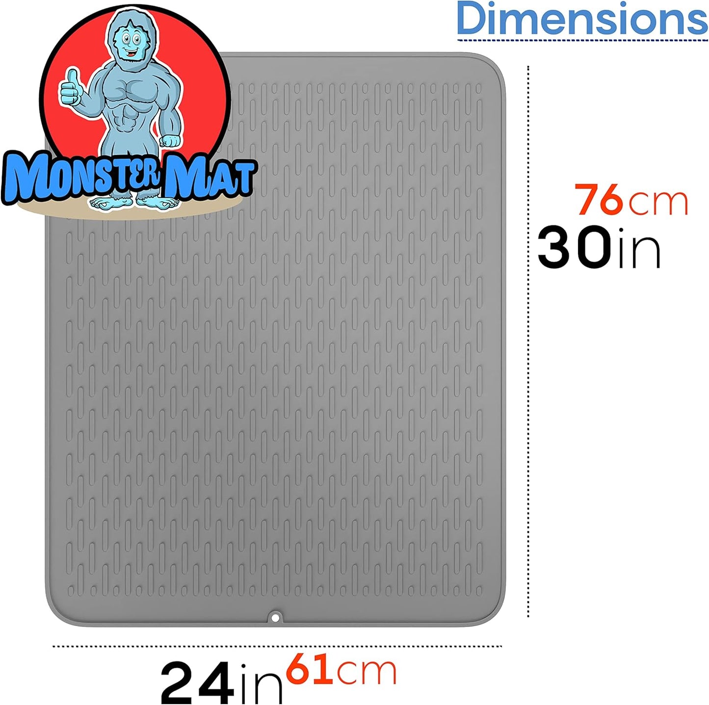 Monster Mat Extra Large Silicone Dish Drying Mat (30"x24") – Heavy Duty & Fast-Drying Silicone Mat - Non-Slip XL Dish Drying Mat For Kitchen Counter - Gray