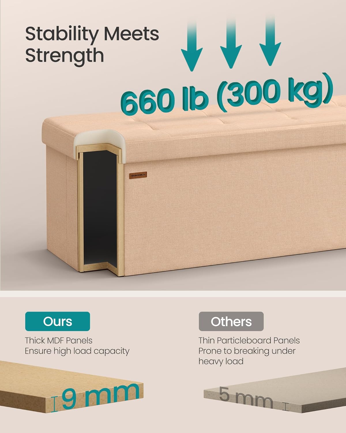 SONGMICS Mazie Collection - Storage Ottoman Bench, 43 Inches Folding Foot Rest Stool, End of Bed Bench, Easy Assembly, for Living Room, Bedroom, Entryway, Apricot Orange ULSF077O01