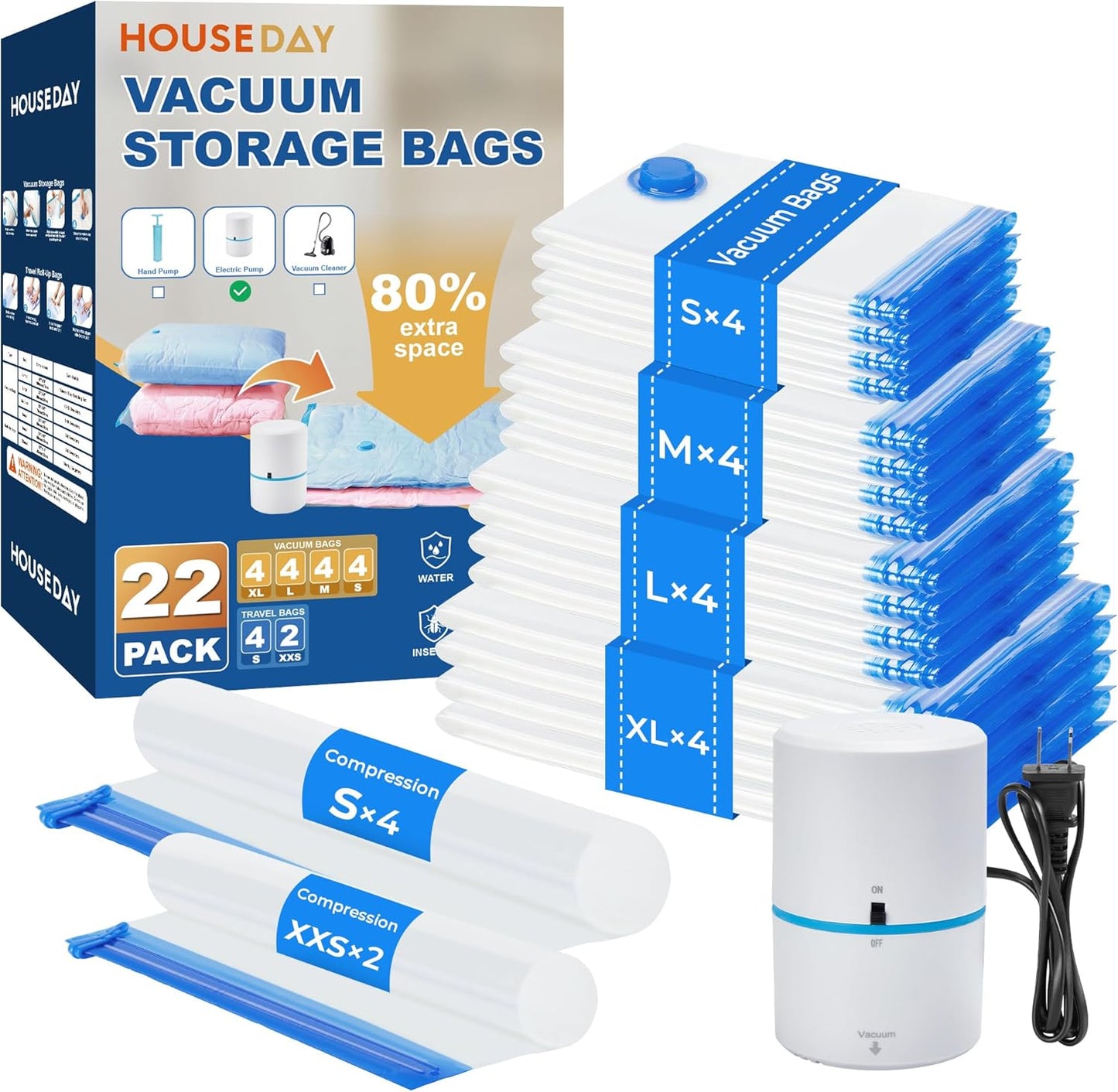 HOUSE DAY 22 Pack Vacuum Seal Bags For Clothing Travel, 80% Space Saving Travel Vacuum Bags with Electric Pump, Vacuum Storage Bags For Clothes, Comforters, Blankets, Moving, Storage & Organization