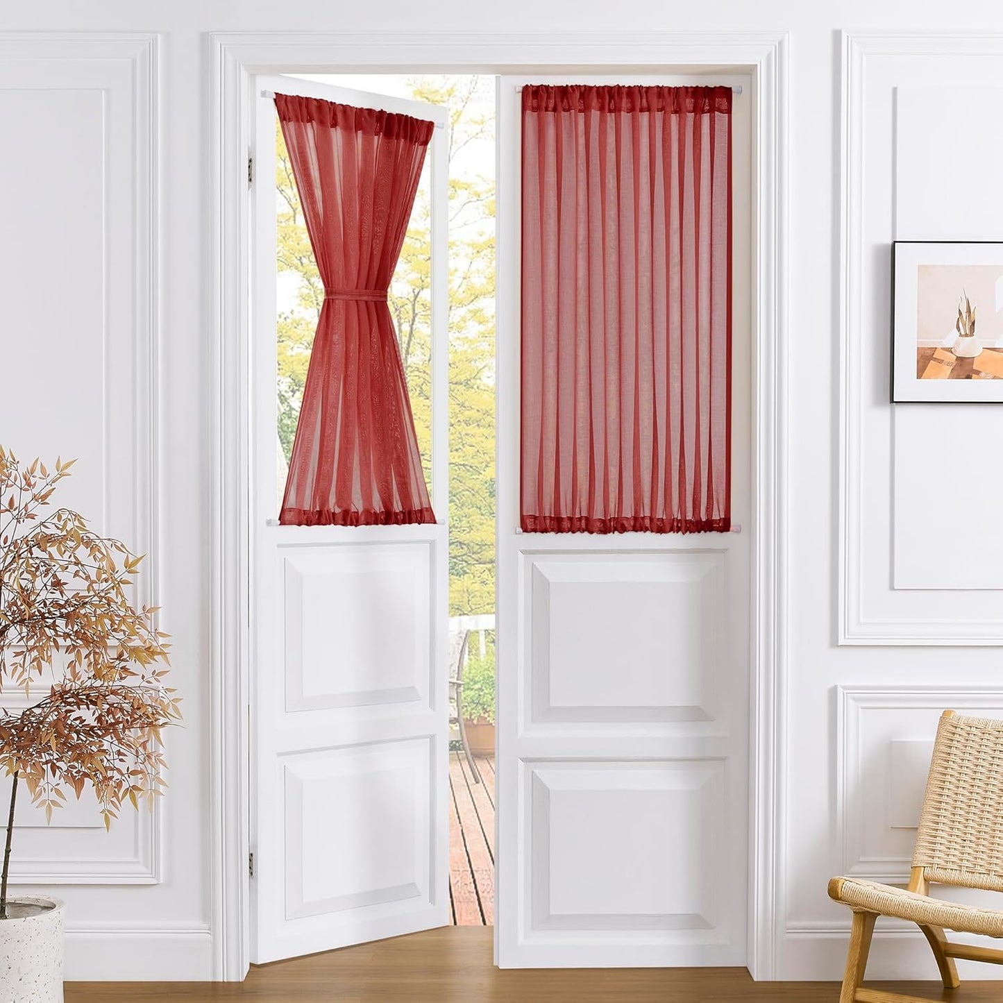 Tollpiz Short Sheer Door Curtains Closet Linen Textured Curtains Sheer Doorway Light Filtering Voile Patio Glass Door Rod Pocket Curtain French Door, 54 x 40 inches Long, Burgundy Red, Set of 1 Panel