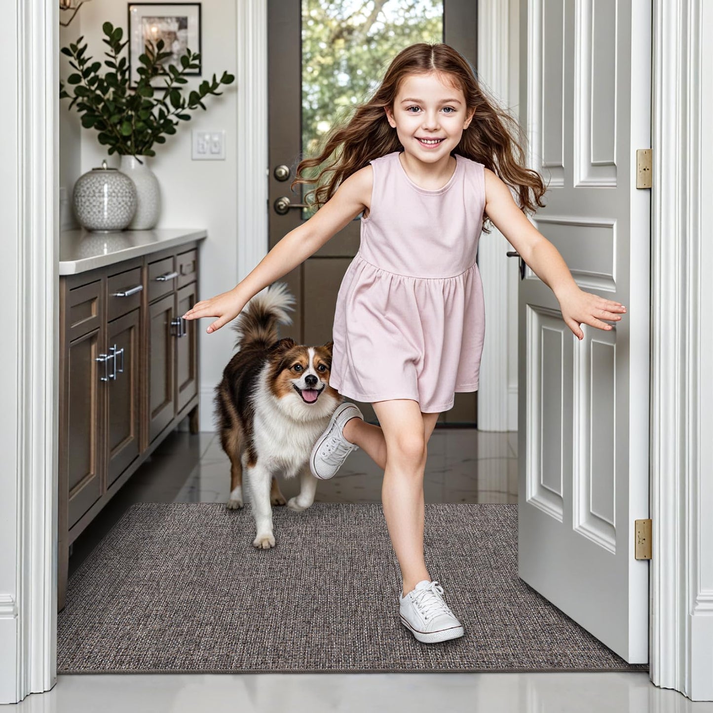 LUMI Ultra Thin Door Mat for Entryway, Low Profile Non Slip Rubber Backing Indoor Doormat, Easy Clean Welcome Entrance Mat for Inside House, Patio,Brown 24"x36"