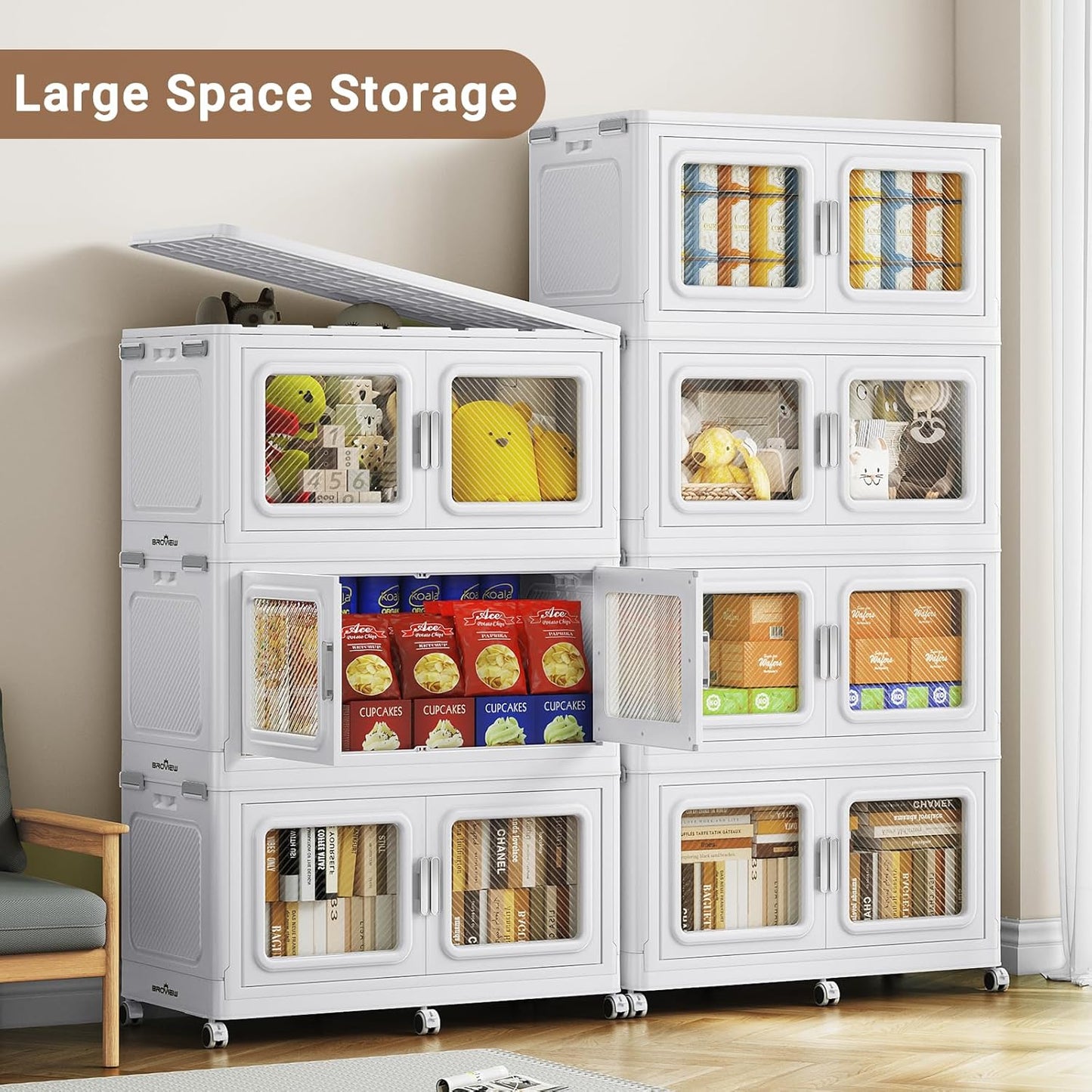 BROVIEW 900 Qt Stackable Storage Bin with Lid, 225Gal Extra Large Collapsible Storage Boxes, Folding Plastic Drawer, Heavy-Duty Store Cabinet, Closet Organizer for Home Kitchen, 3 Pack White