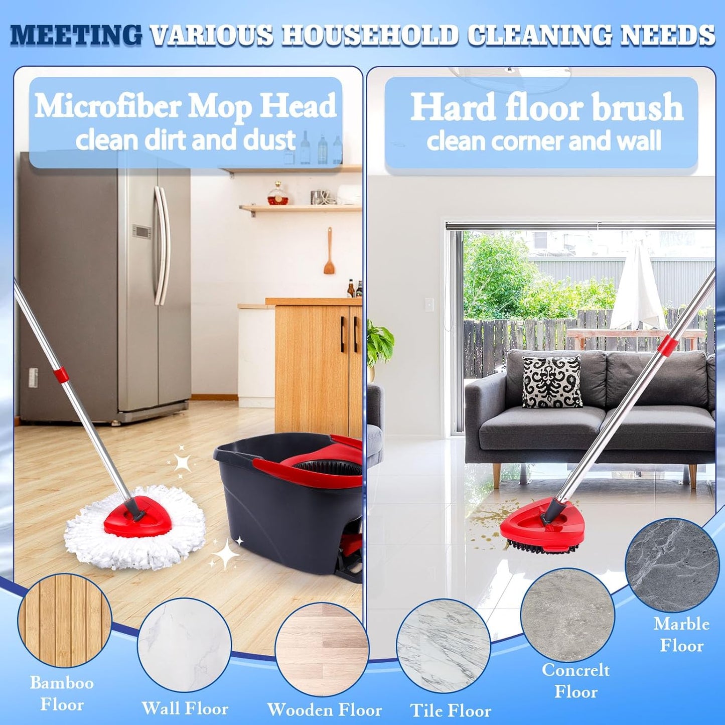 2 Pcs Mop Scrub Brush Head and 1 Mop Base Part Part Replacement Compatible with Oceda EasyWring 1 Tank System