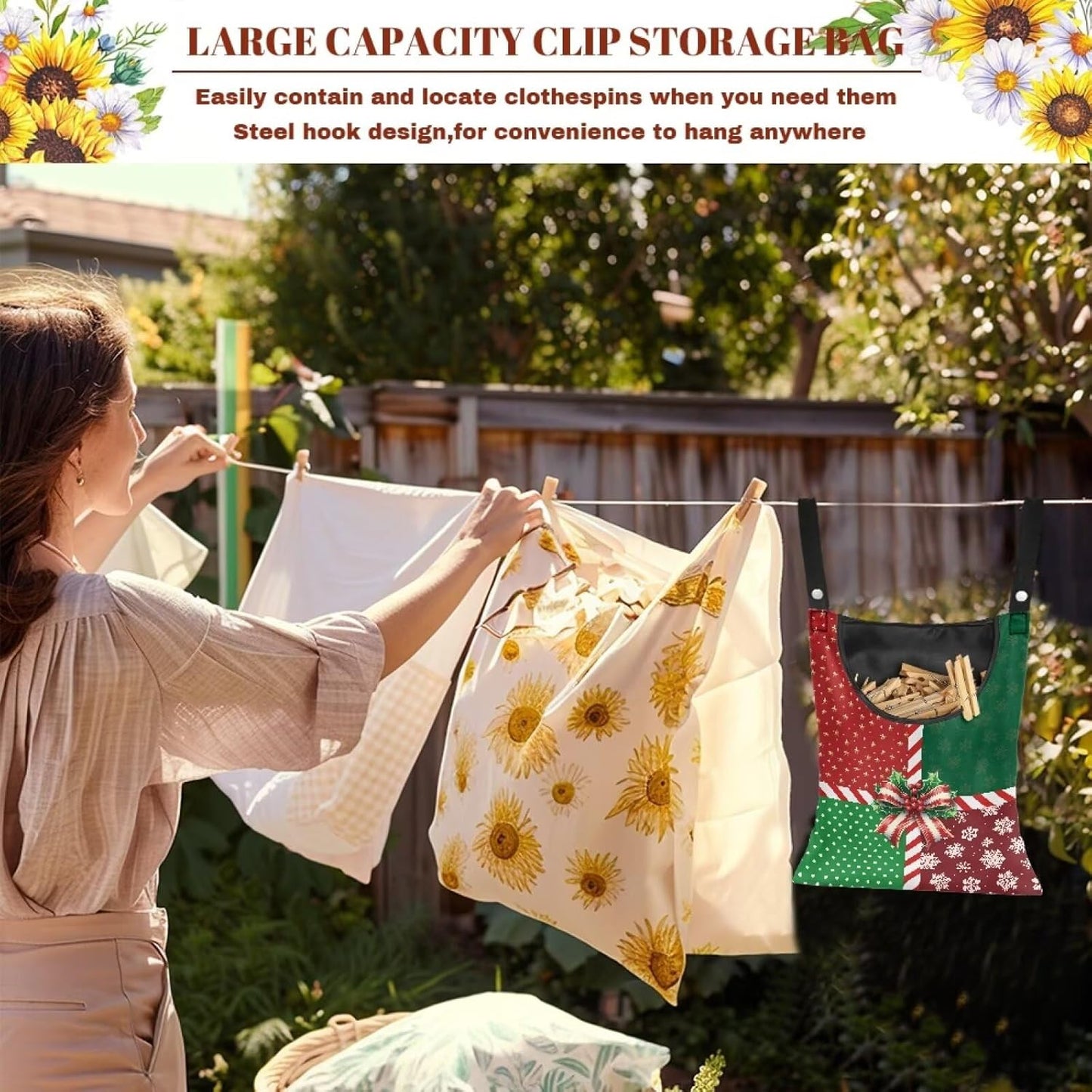 Christmas 2025 Adjustable Clothespin Storage Bag - Hanging Rope Organizer for Indoor/Outdoor Laundry Room & Closet Door