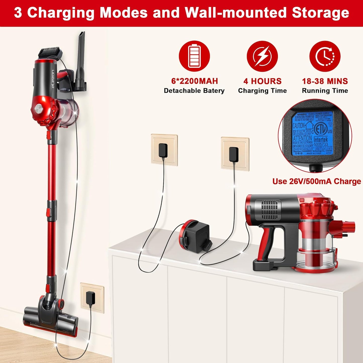elezon A200 Cordless Vacuum Cleaner with 18000Pa Powerful Suction, 38 Min Runtime, 2200mAh Battery, HEPA Filter, Portable Stick Vacuum for Hardwood Floor, Lightweight Handheld for Home, Pet Hair, Car