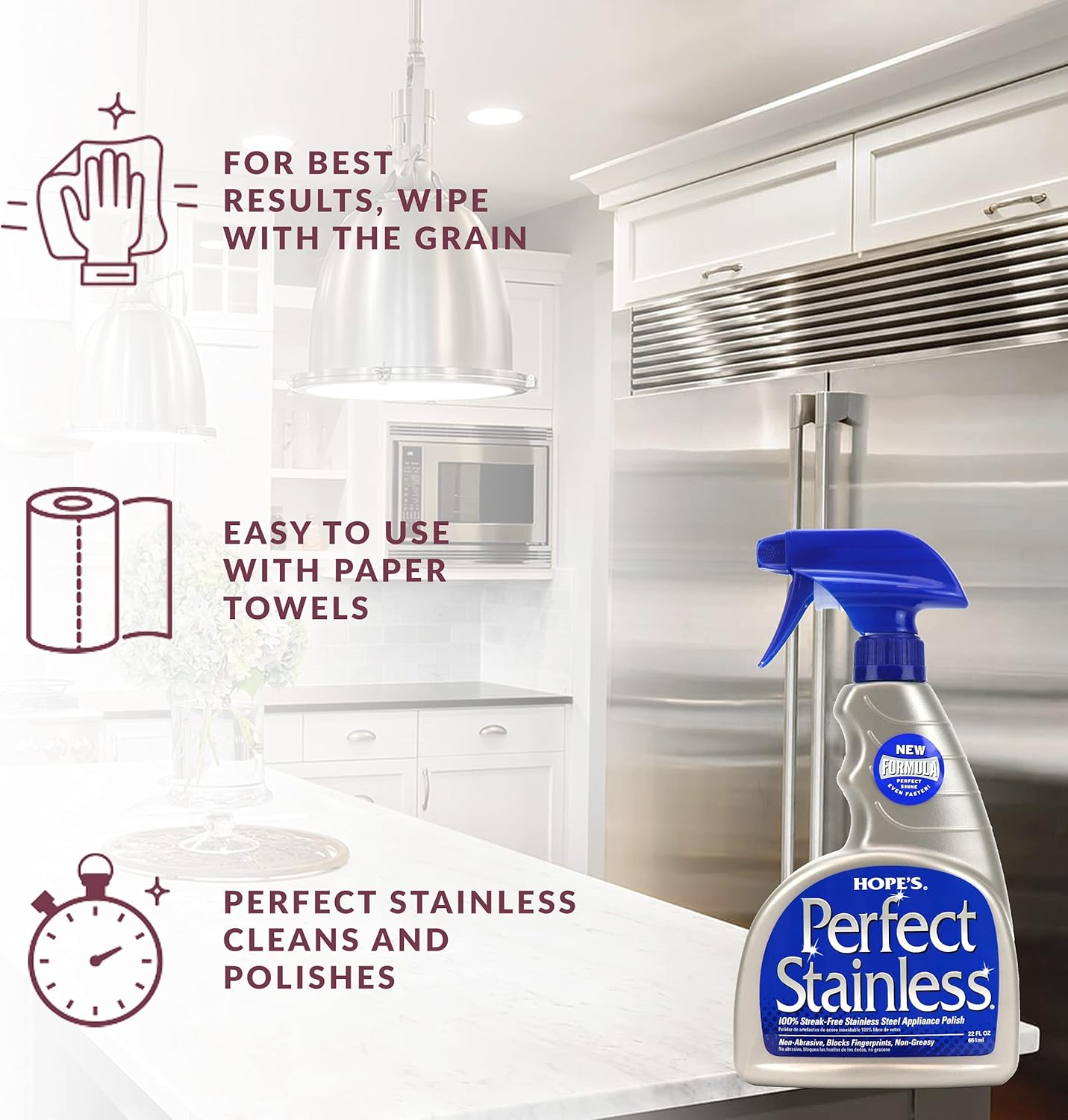 HOPE'S Perfect Stainless Steel Cleaner and Polish with Microfiber Cloth, 22-Ounce, Streak-Free Self-Polishing Formula, Blocks Fingerprints, 1 Pack with Microfiber Cloth