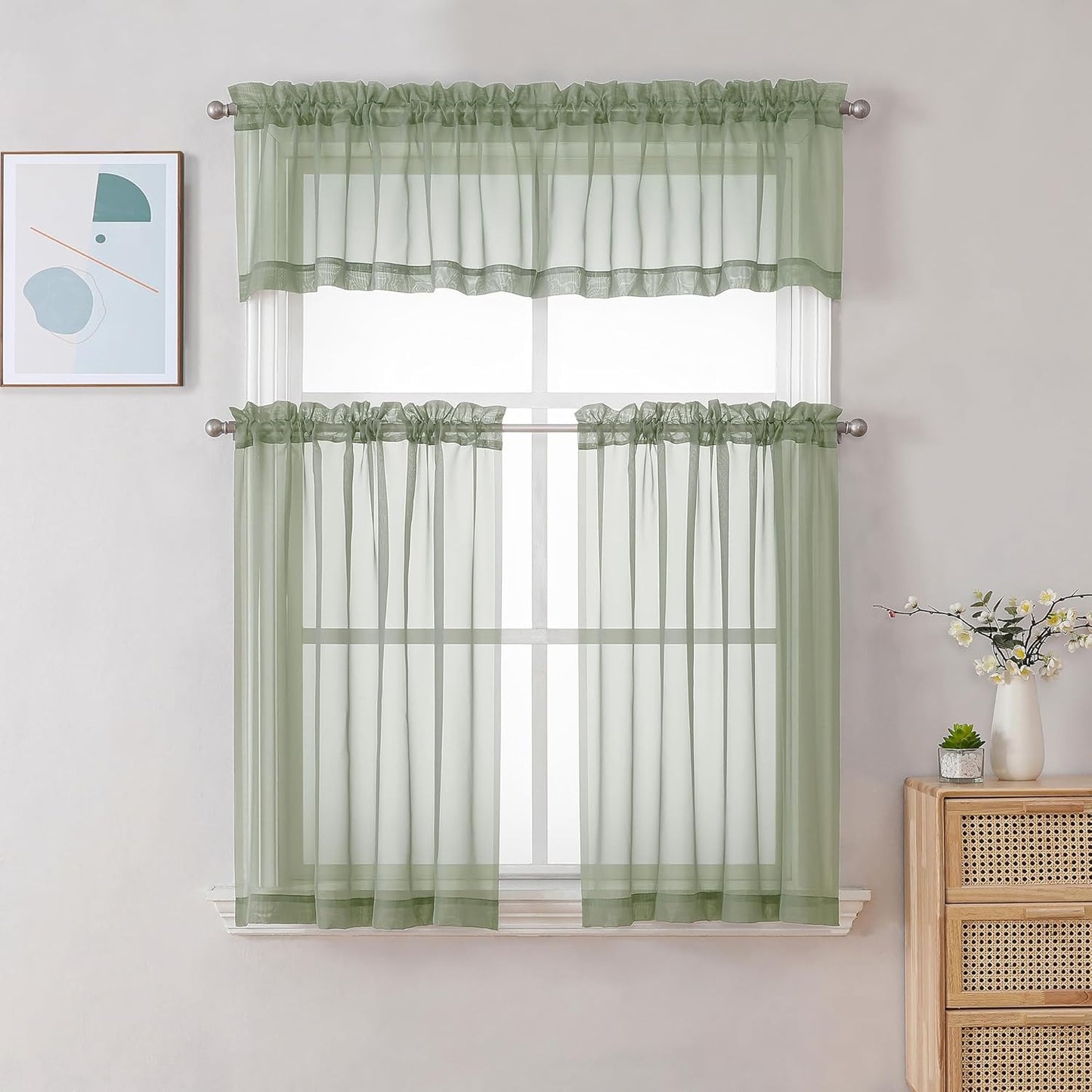 Chyhomenyc Sage Green Sheer Curtains 36 Inch Length, Short Voile Sheer Window Curtians for Small Window Bathroom Cafe Living Room, Set of 2, 42W x 36L inches, Rod Pocket,
