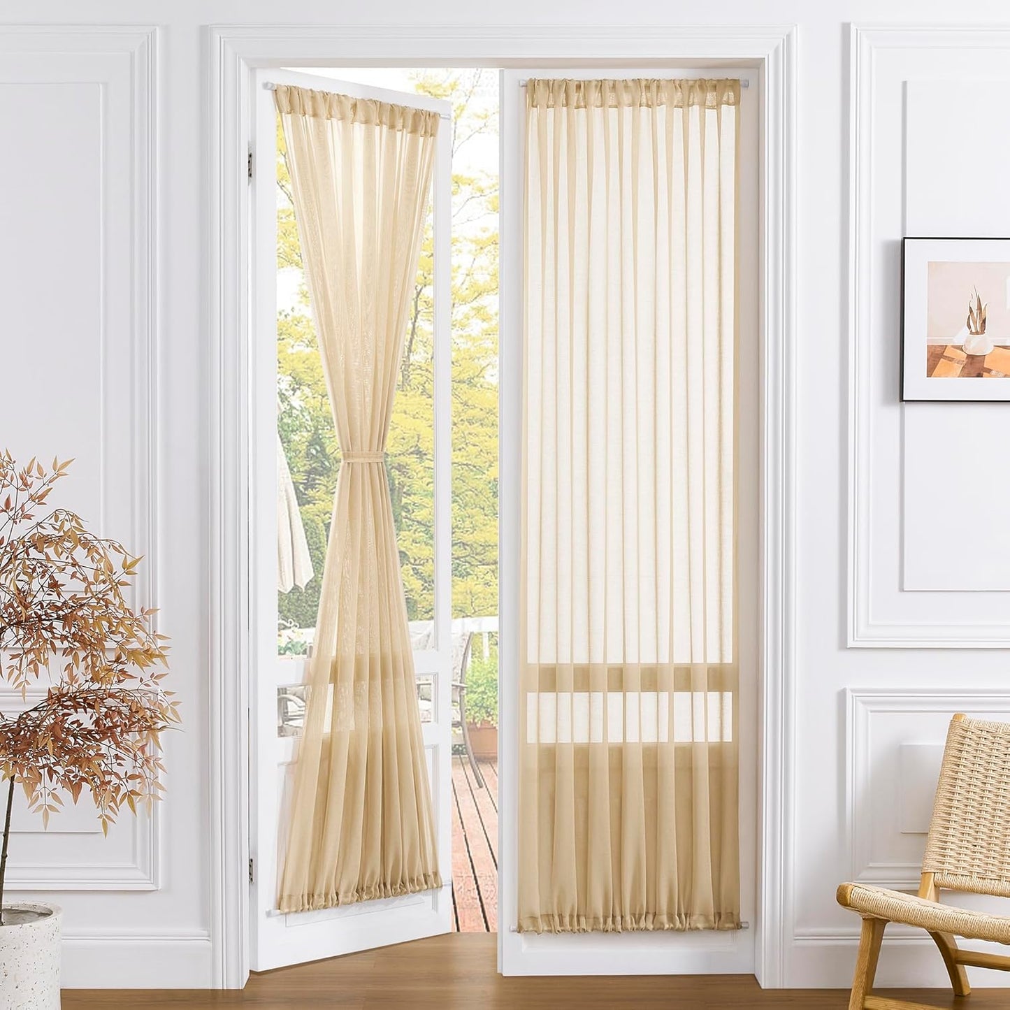 Tollpiz Sheer Door Curtains Closet Linen Textured Curtain Sheers Doorway Light Filtering Voile Patio Glass Door Rod Pocket Curtains French Door, 54 x 80 inches Long, Beige, Set of 1 Panel