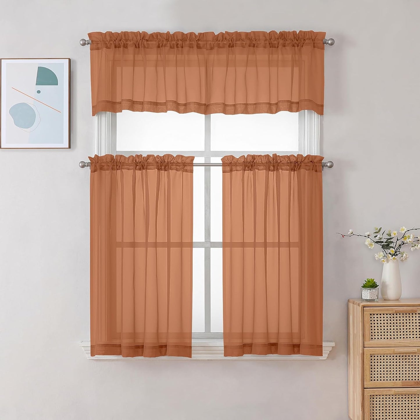 Chyhomenyc Sheer Orange Tier Curtains 24 Inch Length, Small Window Curtains Treatment for Bathroom Living Room Basement, Short Rod Pocket Cafe Curtain, 42W x 24L Inches, 2 Panels