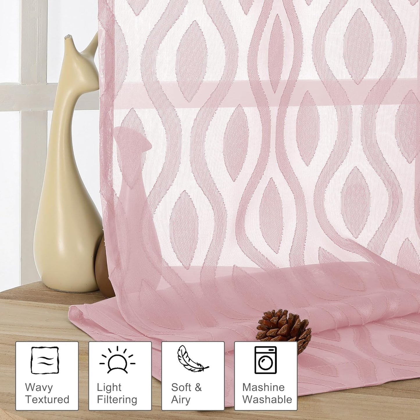 Aiyufeng Sheer Curtains 72 Inches Long for Living Room 2 Panels Set, Light Filtering Clip Jacquard Textured Sheer Bedroom Curtain, Chic Wavy Line Sliding Door Curtains, Blush Pink, 40" Wx72 L Inches