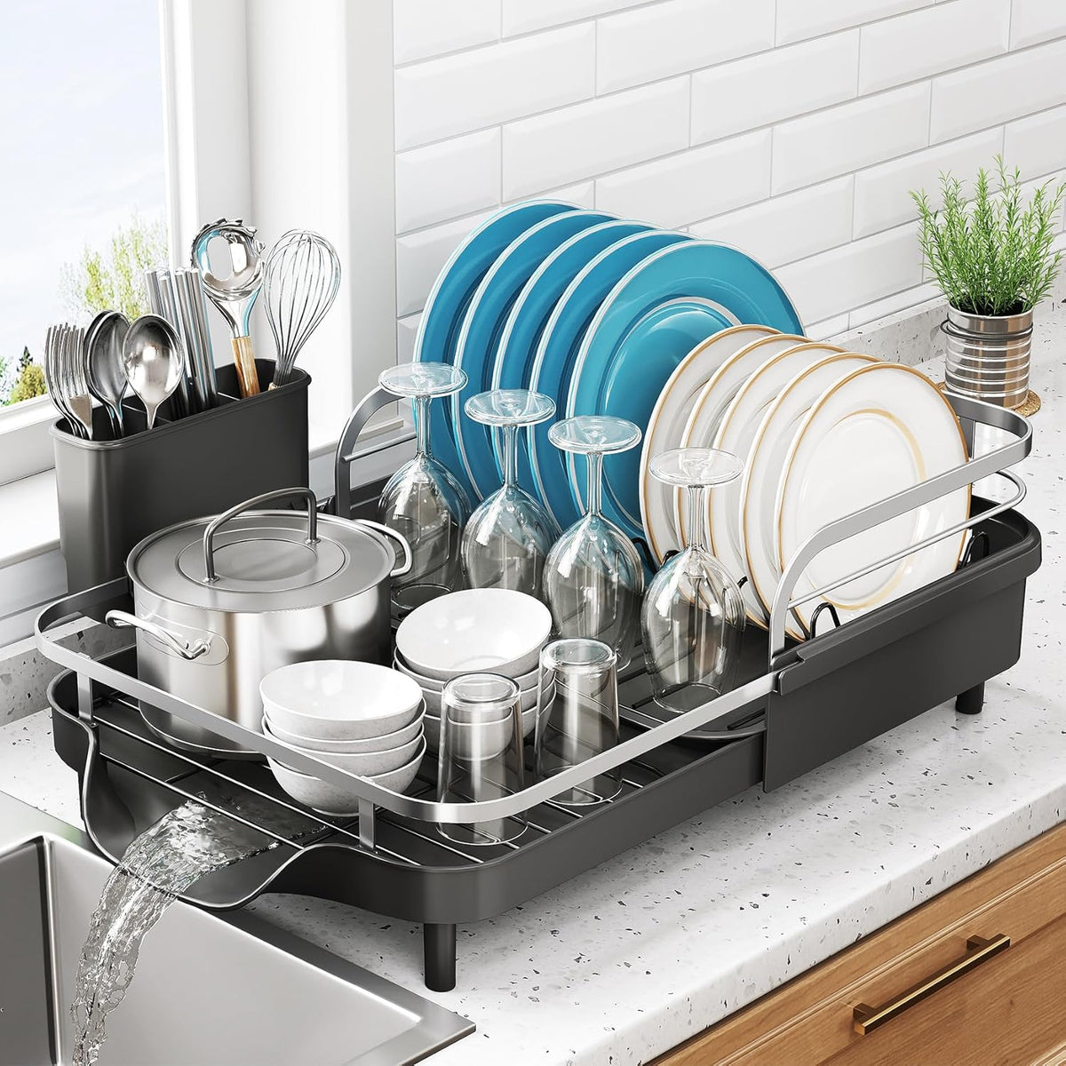 Dish Drying Rack, Expandable Dish Rack for Kitchen Counter, Stainless Steel Dish Drainer with Drainboard Set and Utensil Holder (Black)