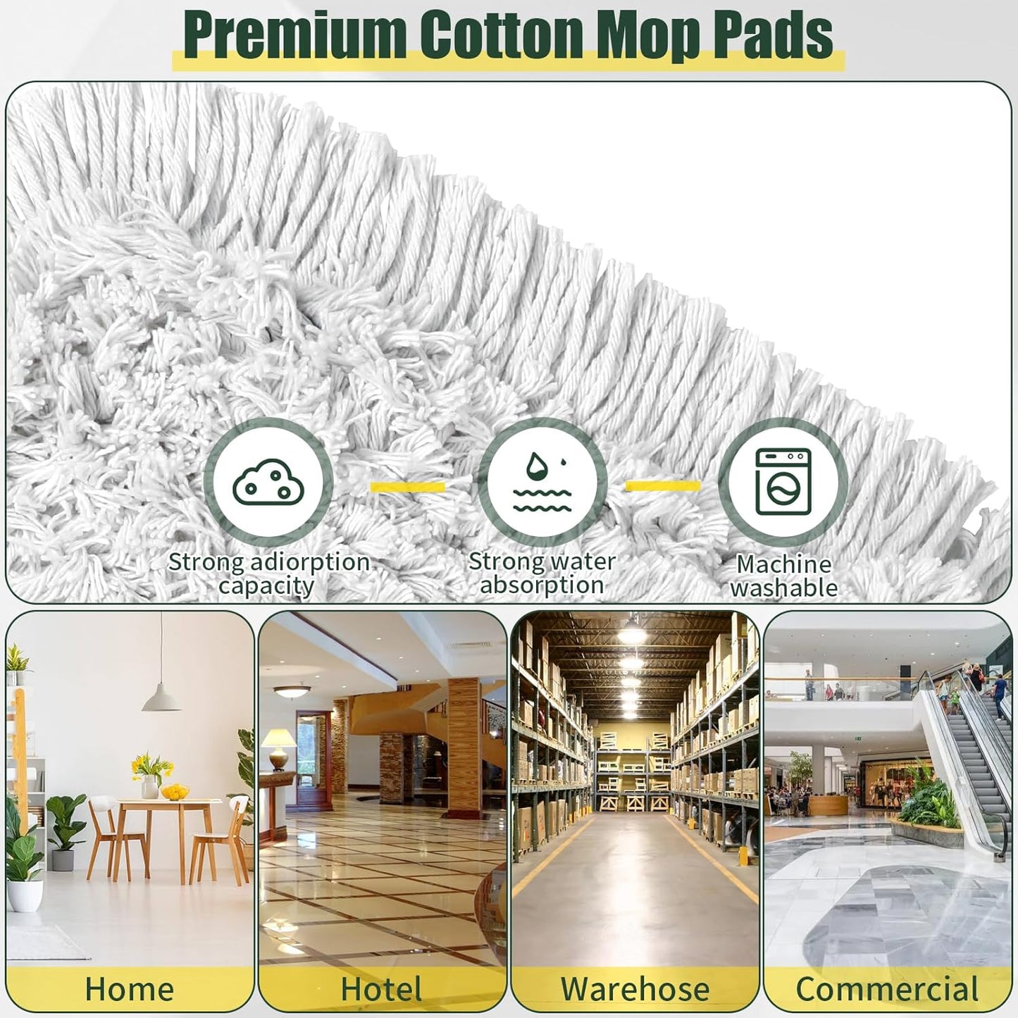 24" Commercial Dust Mop for Floor Cleaning, Heavy Duty Large Mop with Replacement Mops Pads, Industrial Duster Floor Wet Dry Broom for Cleaning Office Garage Hardwood Warehouse (Green, 24" mop)