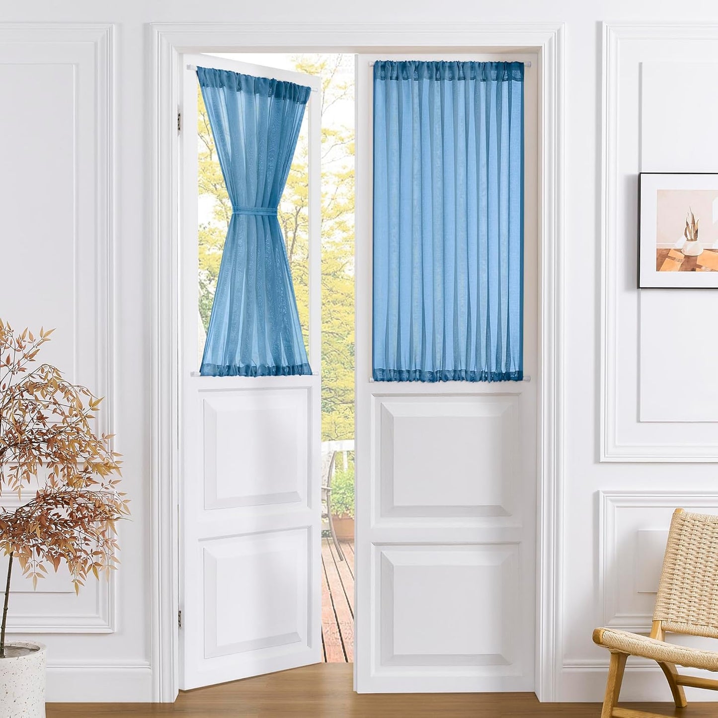 Tollpiz Small Sheer Door Curtain Closet Linen Textured Curtain Sheers Doorway Light Filtering Voile French Door Rod Pocket Curtains Patio Glass Door, 25 x 40 inches Long, Classic Blue, Set of 1 Panel
