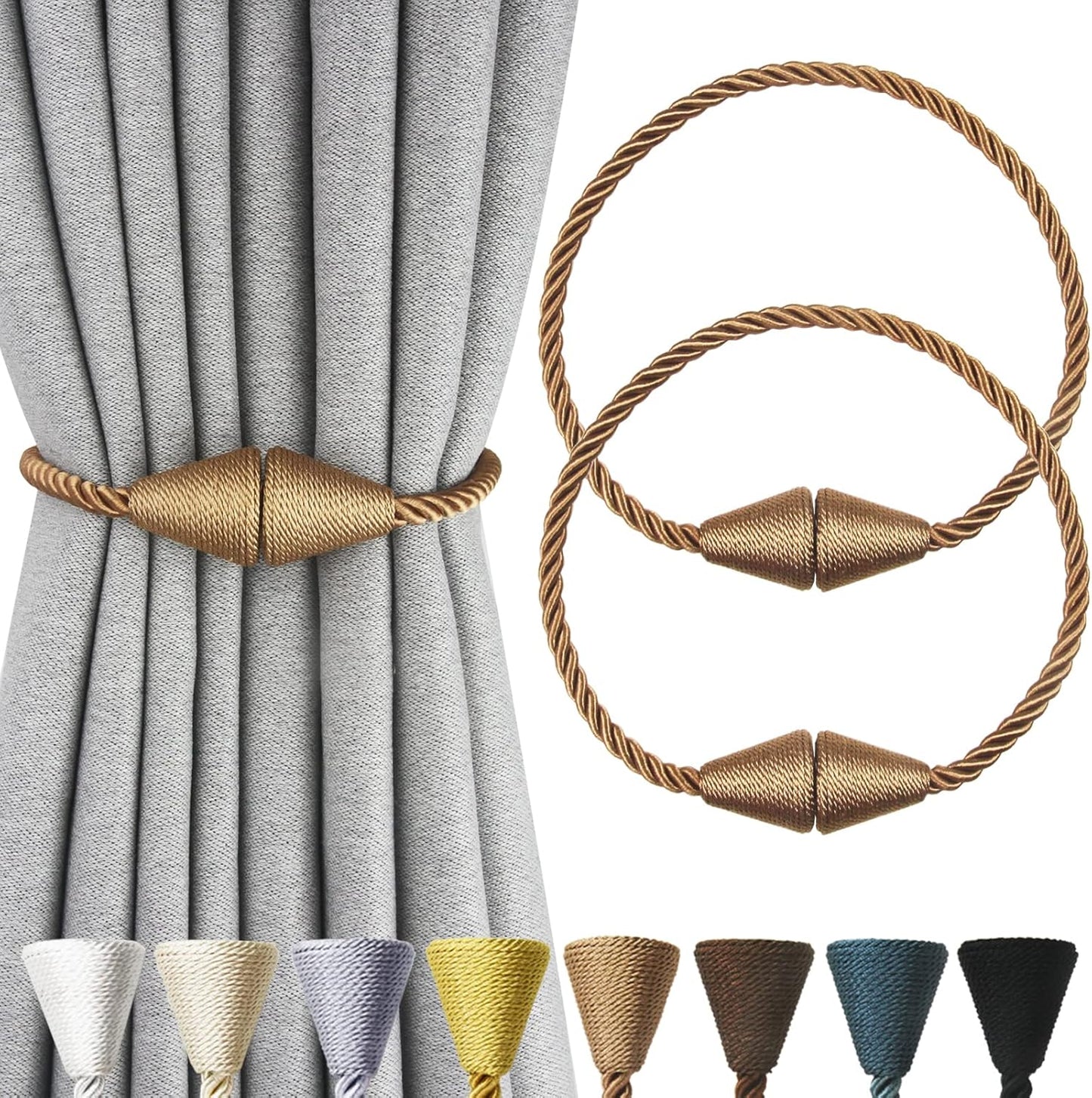 2 Pack Magnetic Curtain Tiebacks Rope Modern Handmade Curtain Tie Backs Decorative Drapes Weave Holdbacks for Window Décor, Khaki
