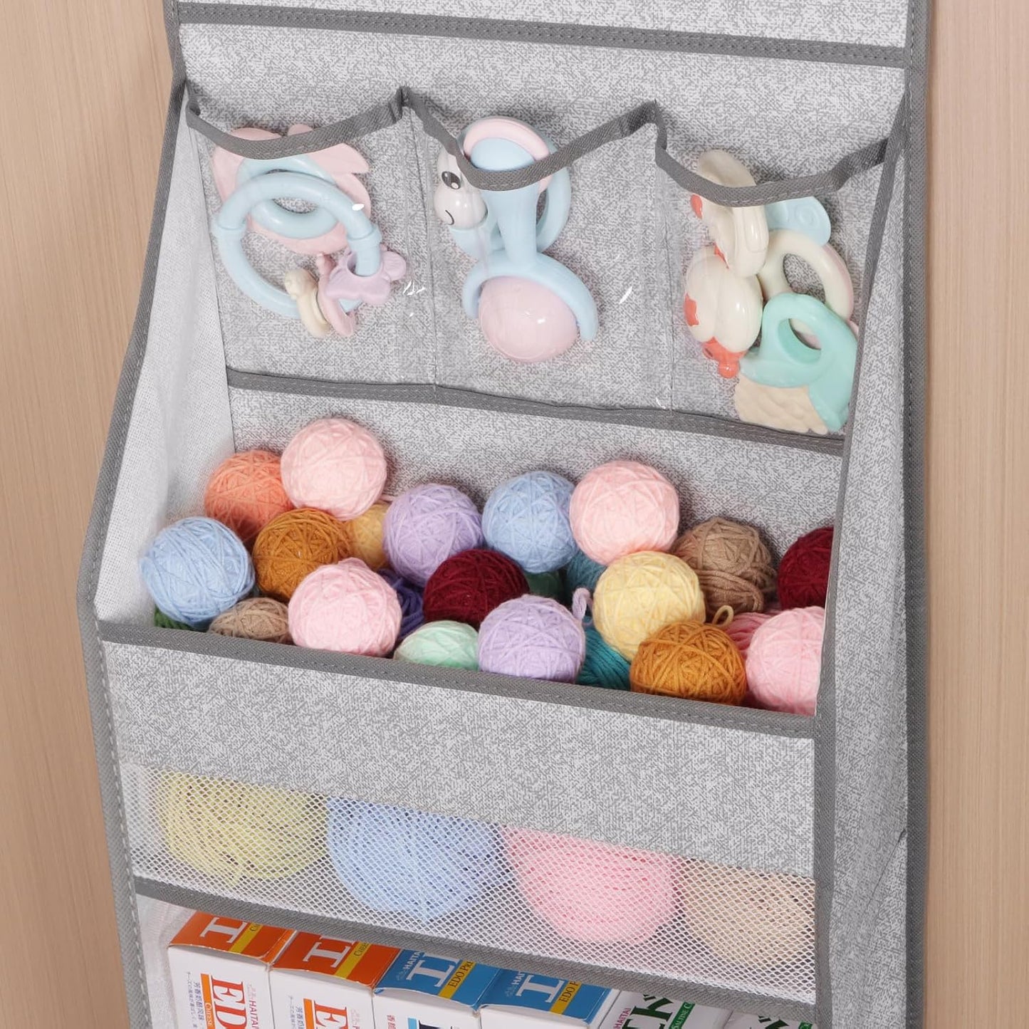 Univivi 6-Shelf Over Door Hanging Organizer Fabric Baby Door Storage with 5 Large Pockets and 3 Small PVC Pockets Wall Mount Hanging Storage Organizers for Baby Essential (Grey Pattern)
