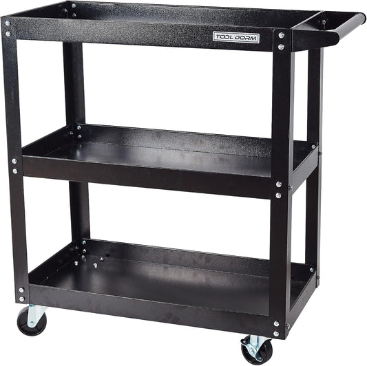 Utility Service Cart, 3 Shelf 200LBS Heavy Duty Steel Rolling Utility Cart, Medium Lipped Shelf, 360° Swivel Wheels, Ergonomic Storage Handle for Warehouse Garage, Black