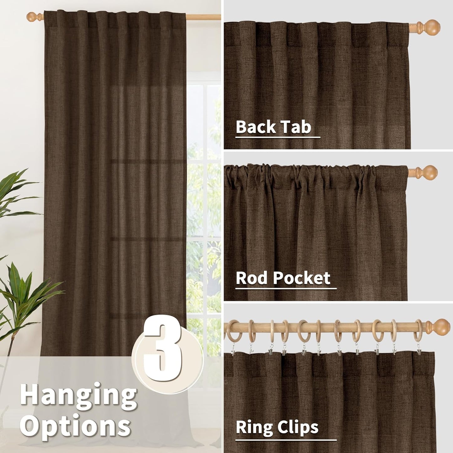 YoungsTex Brown Linen Kitchen Curtains 36 Inch Length, Half Window Drapes Light Filtering Semi Sheer with Rod Pocket Back Tab for Cafe Bathroom Window Over Sink, 30 x 36 Inch, 2 Panels