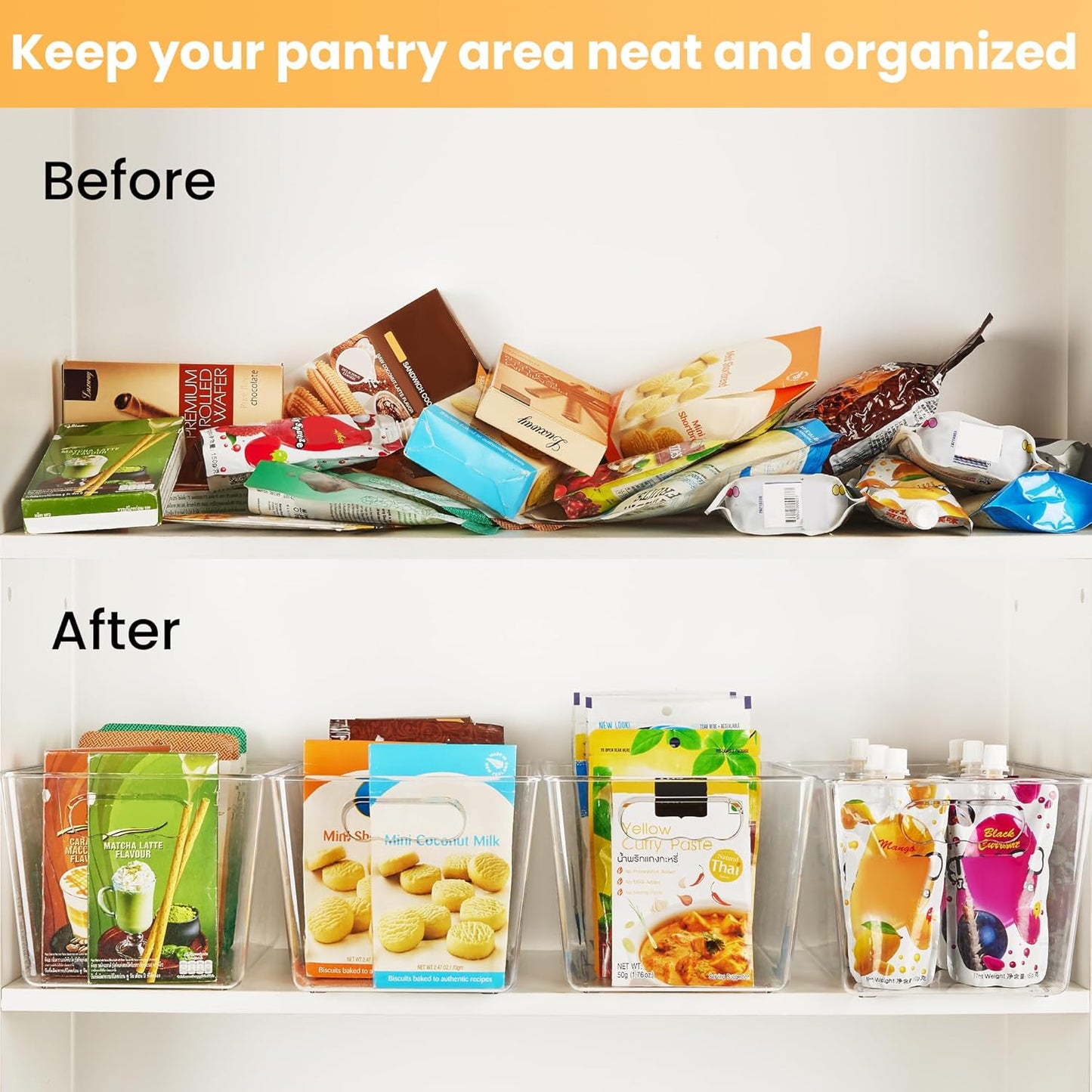 YIHONG Clear Pantry Storage Organizer Bins, 10 Pack Plastic Food Storage Bins with Handle for Kitchen,Refrigerator, Freezer,Cabinet Organization and Storage