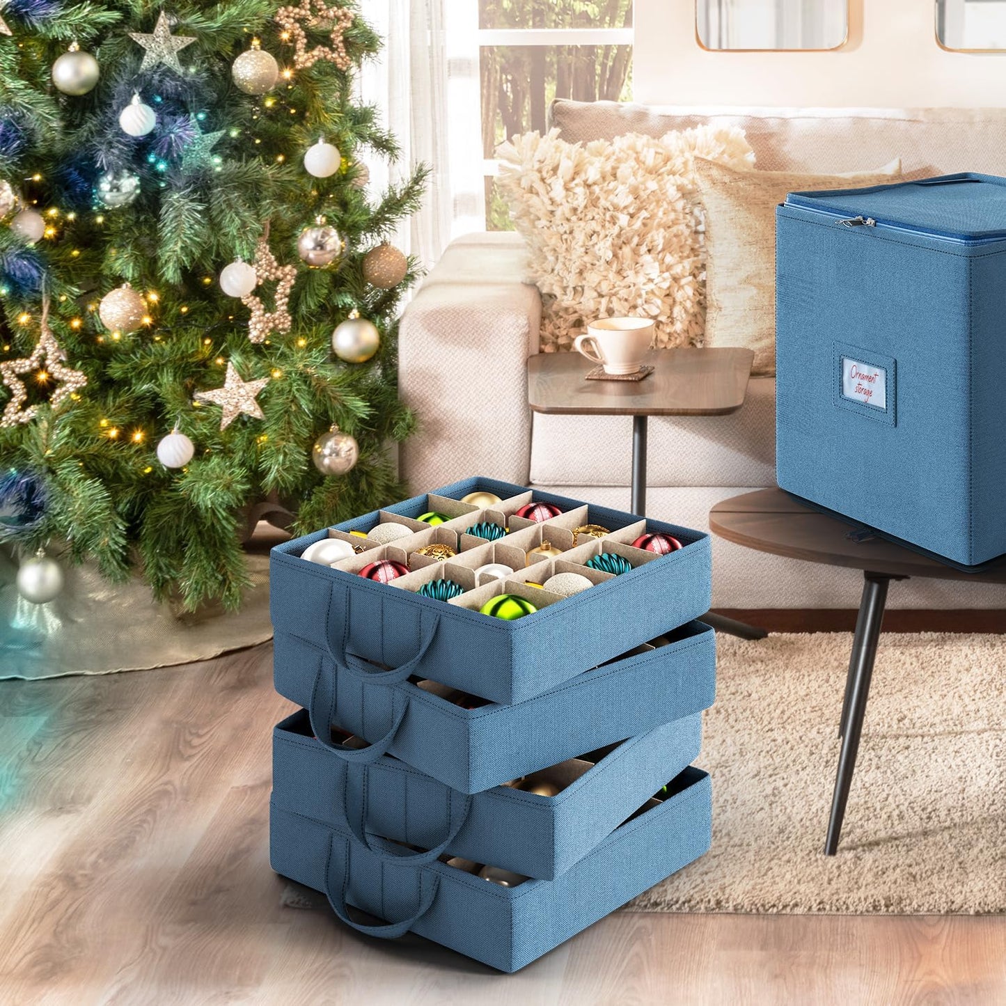 Hearth & Harbor Christmas Ornament Storage Box With 4 Inner Tray Dividers - Non-Woven Ornament Storage Container For 64 Holiday Ornaments or Decorations