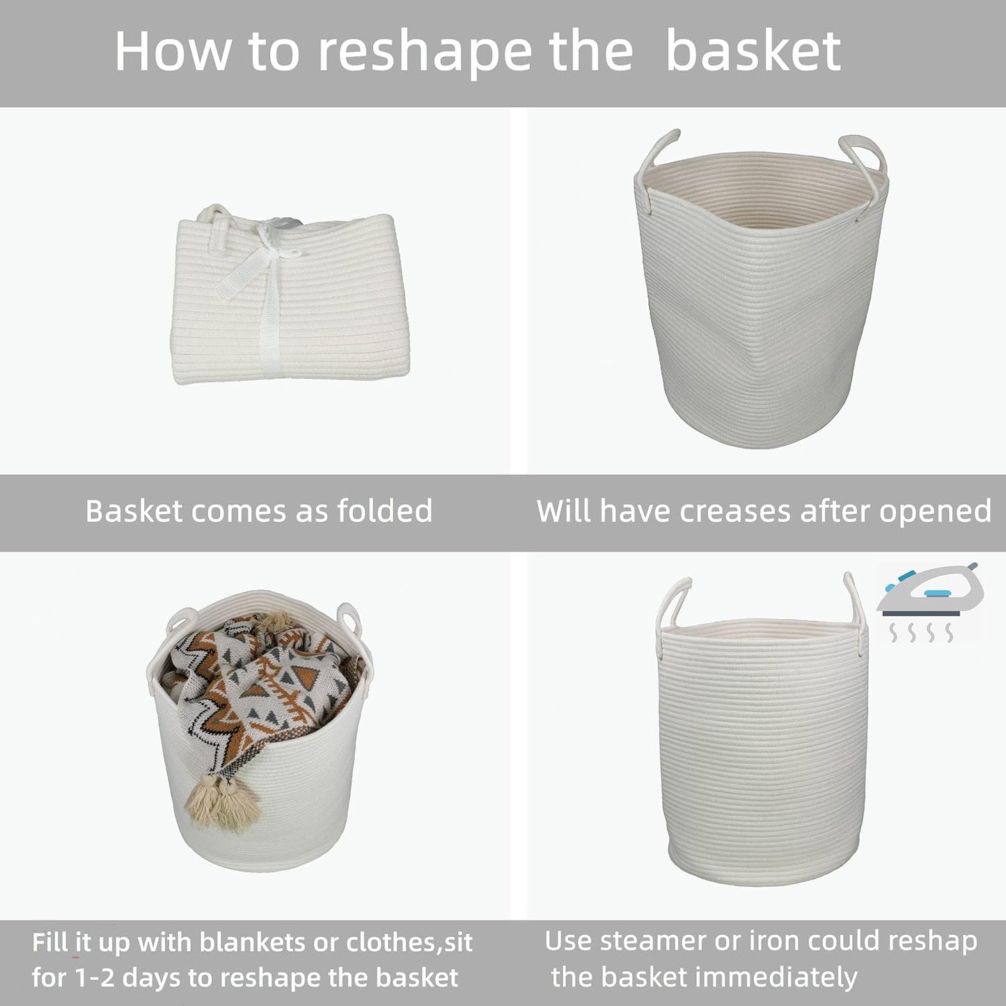 Cotton Rope Laundry Basket Hamper for Clothes Decorative Woven Storage Basket for Living Room Bedroom Boho Tall Rope Baskets for Blanket Toys Baby Nursery Hamper Bin Large white