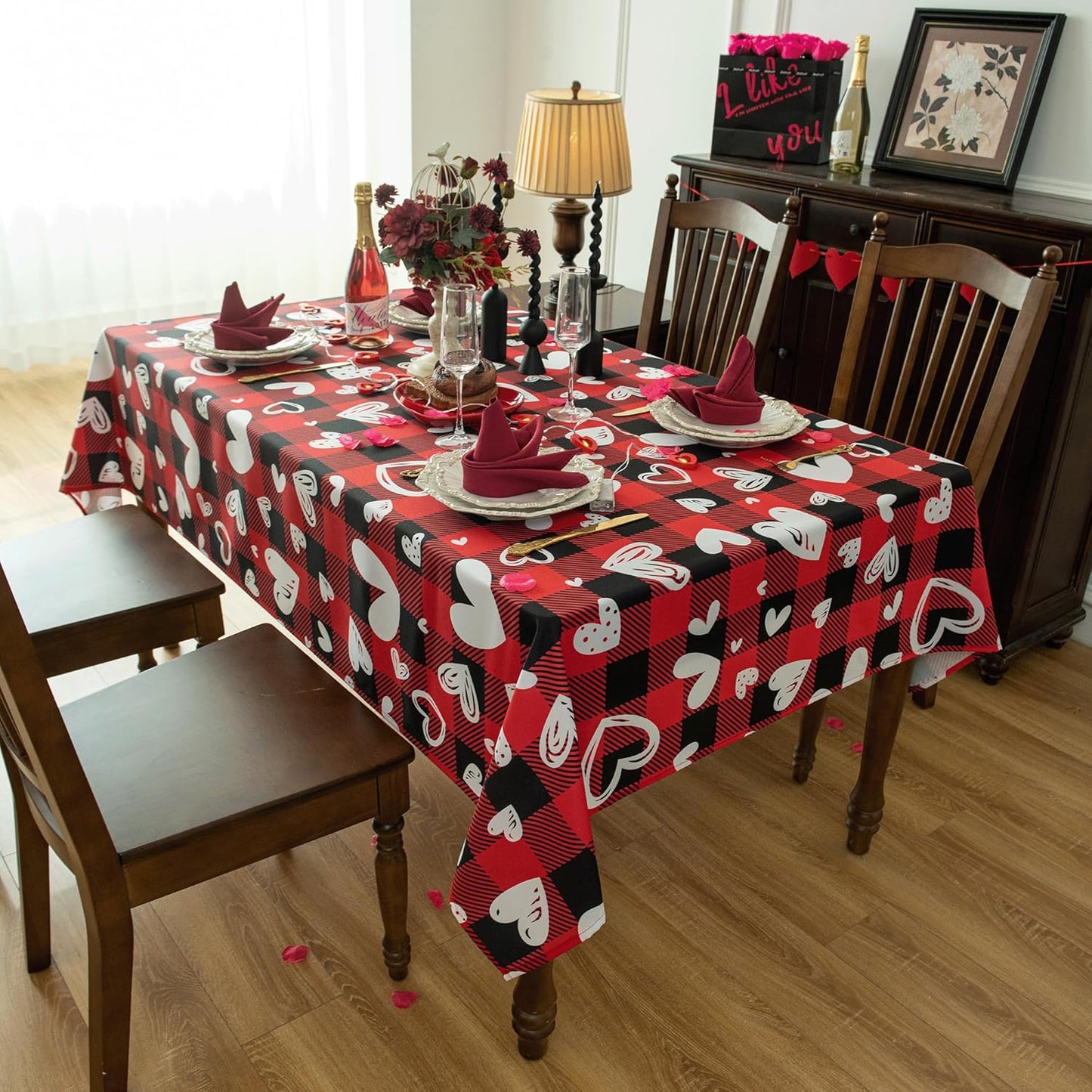 Red Gingham Plaid Love Heart Tablecloth - Valentines Day Rectangular 58x102 Inch Water Resistant Table Cloth for Indoor/Outdoor Use - Holiday Table Cover for Kitchen, Picnics, and Parties
