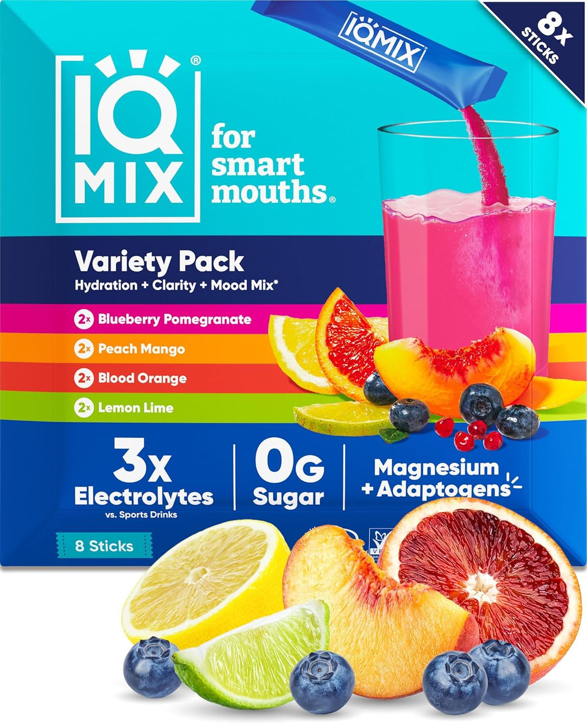 IQMIX Hydration Electrolyte Powder – 4-in-1 Formula for Hydration, Mental Clarity, Mood and Recovery – Sugar-Free Drink Mix, Keto, Magnesium L-Threonate, Lion’s Mane – 8 Count Sampler Pack