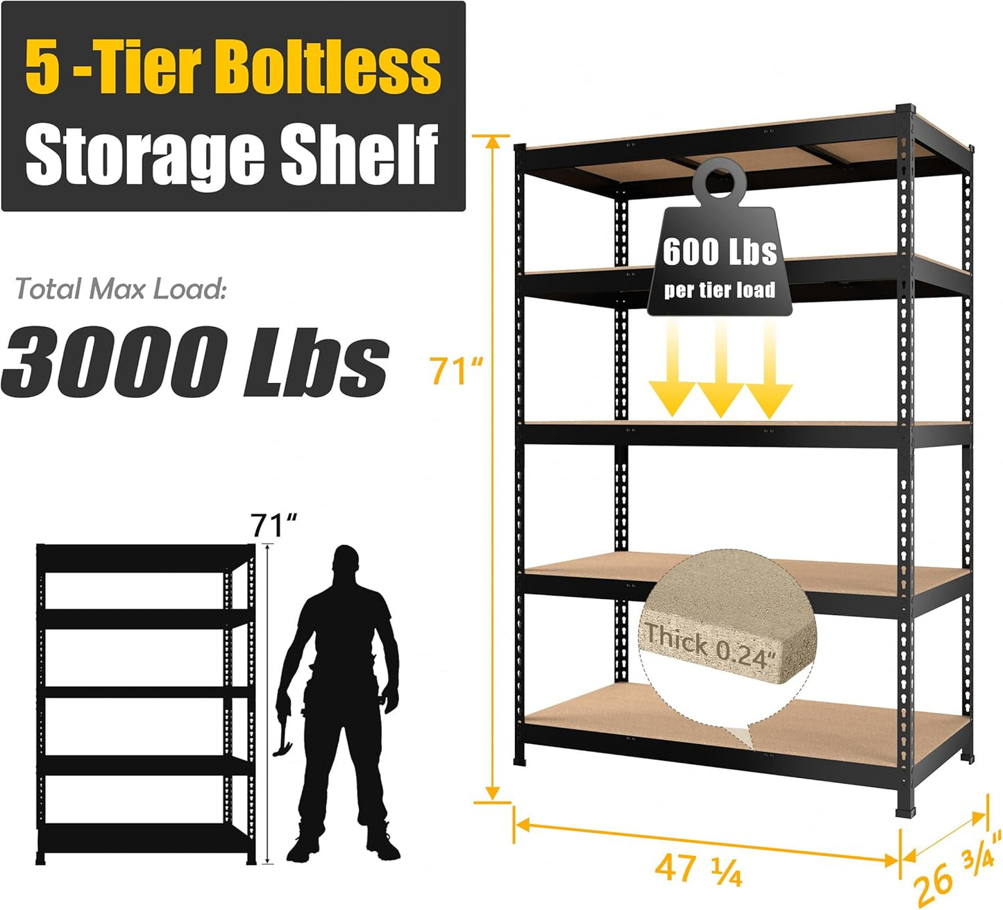 PrimeZone 48" x 24" x 72" Heavy Duty 5 Tier Adjustable Garage Storage Shelving, Metal Utility Rack Shelf Unit for Warehouse Pantry Closet Kitchen, Black, 5 Pack