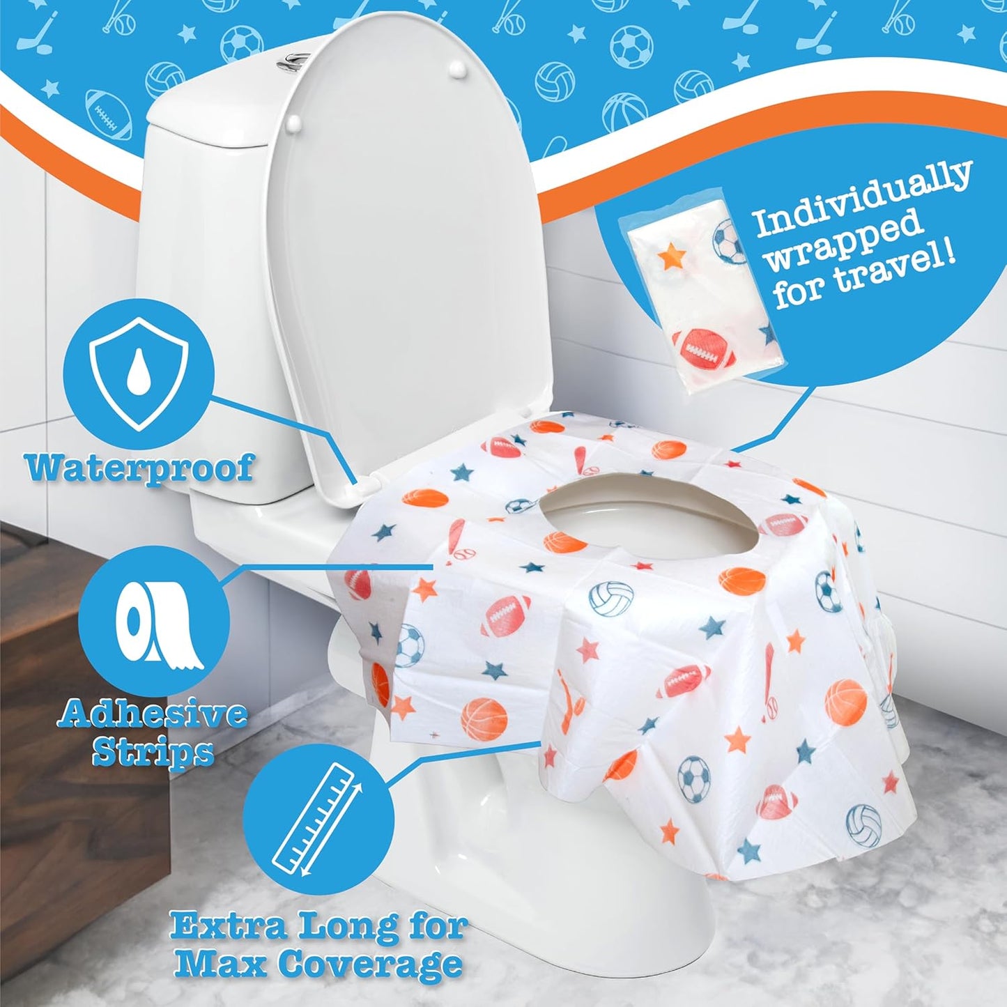 Disposable Toilet Seat Covers for Kids & Adults, 40 Pack - Protect from Public Toilet Germs While Potty Training & More - Extra Large, Waterproof, Portable, Individually Wrapped - Blue/Sports