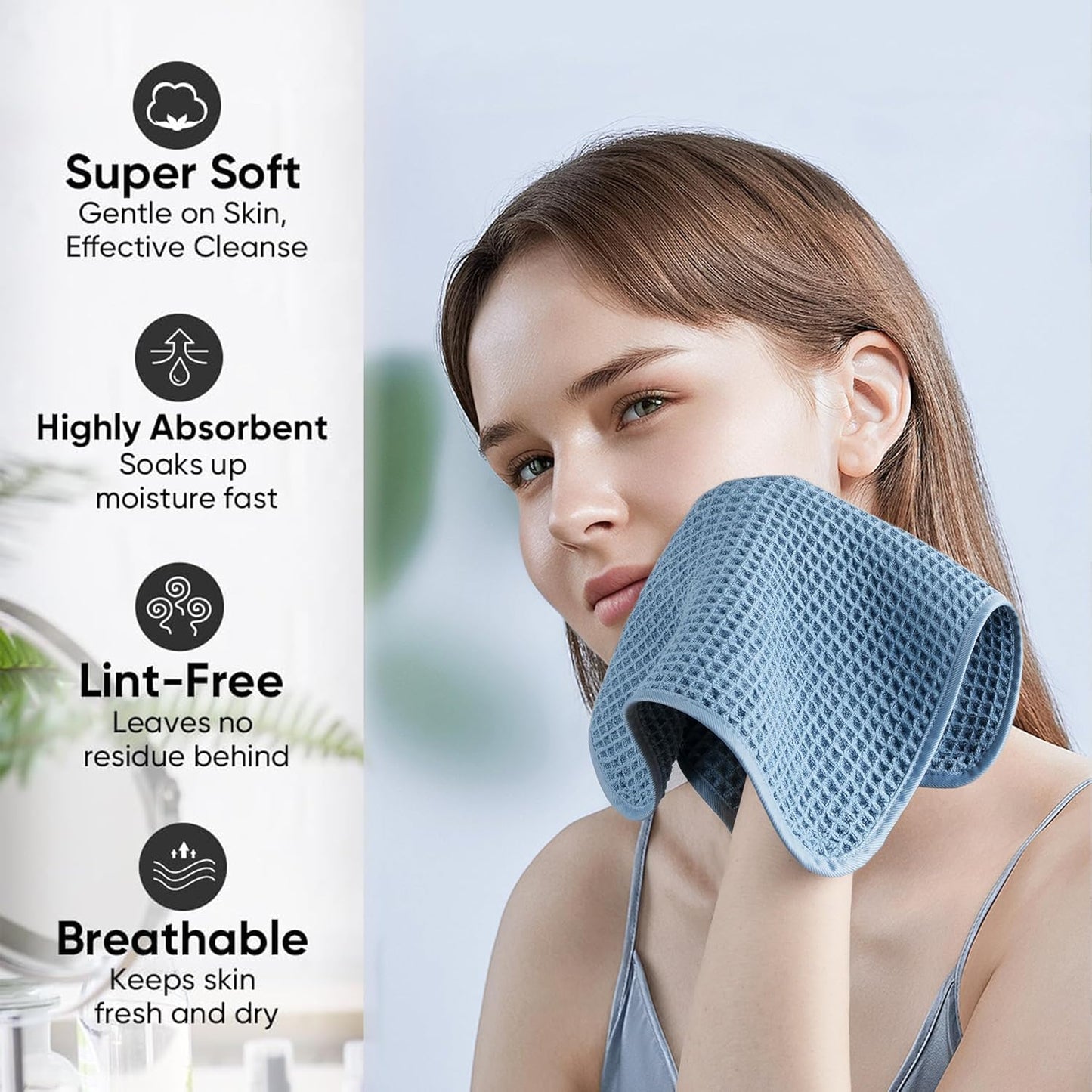 Microfiber Waffle Face Towels, 2 Pieces, Oversized, Soft, Absorbent, Fast Drying, Lint Free (Blue)
