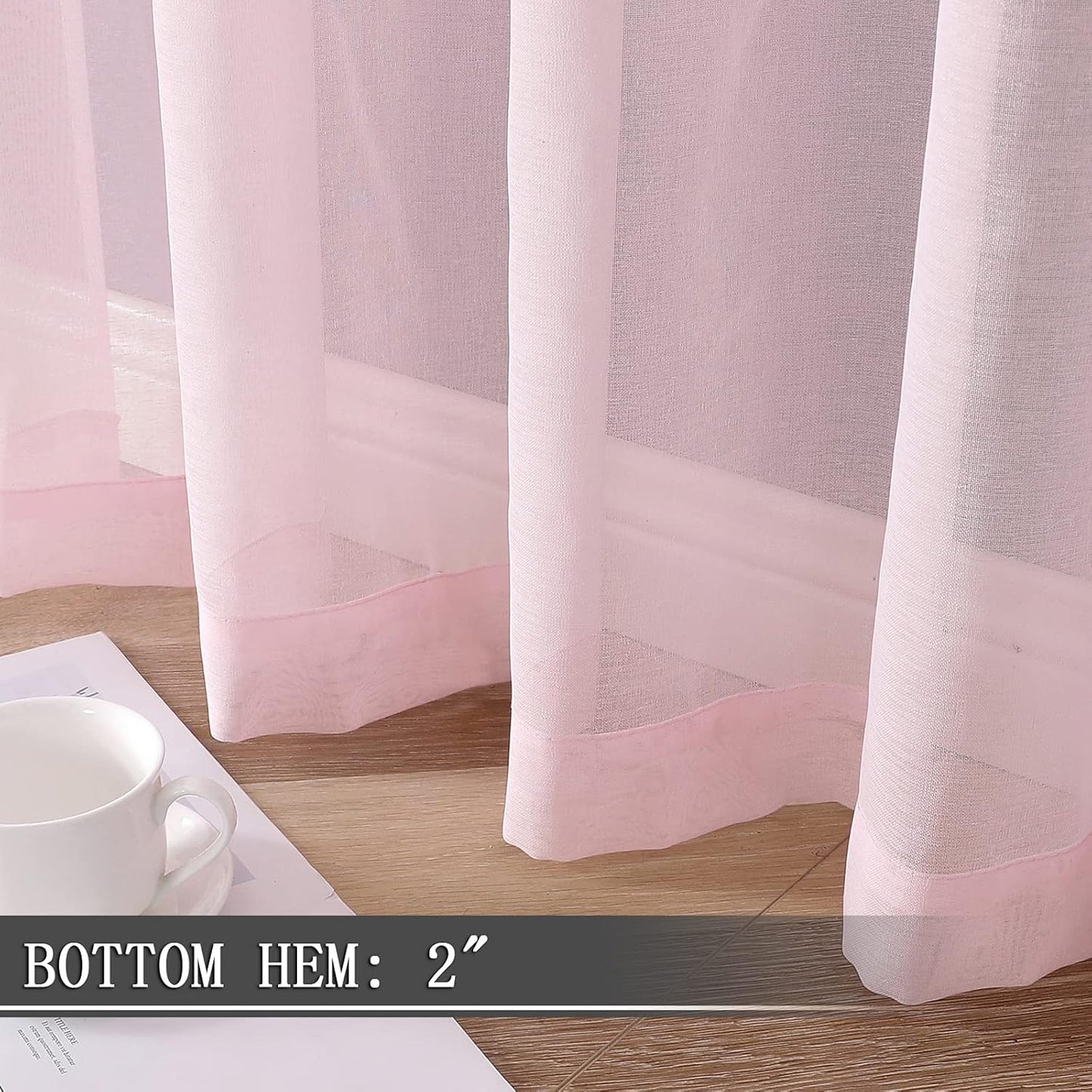 Tollpiz Short Sheer Curtain Linen Textured Bedroom Curtains Sheer Light Filtering Rod Pocket Voile Curtain for Living Room, 54 x 54 inches Long, Pink, Set of 2 Panels
